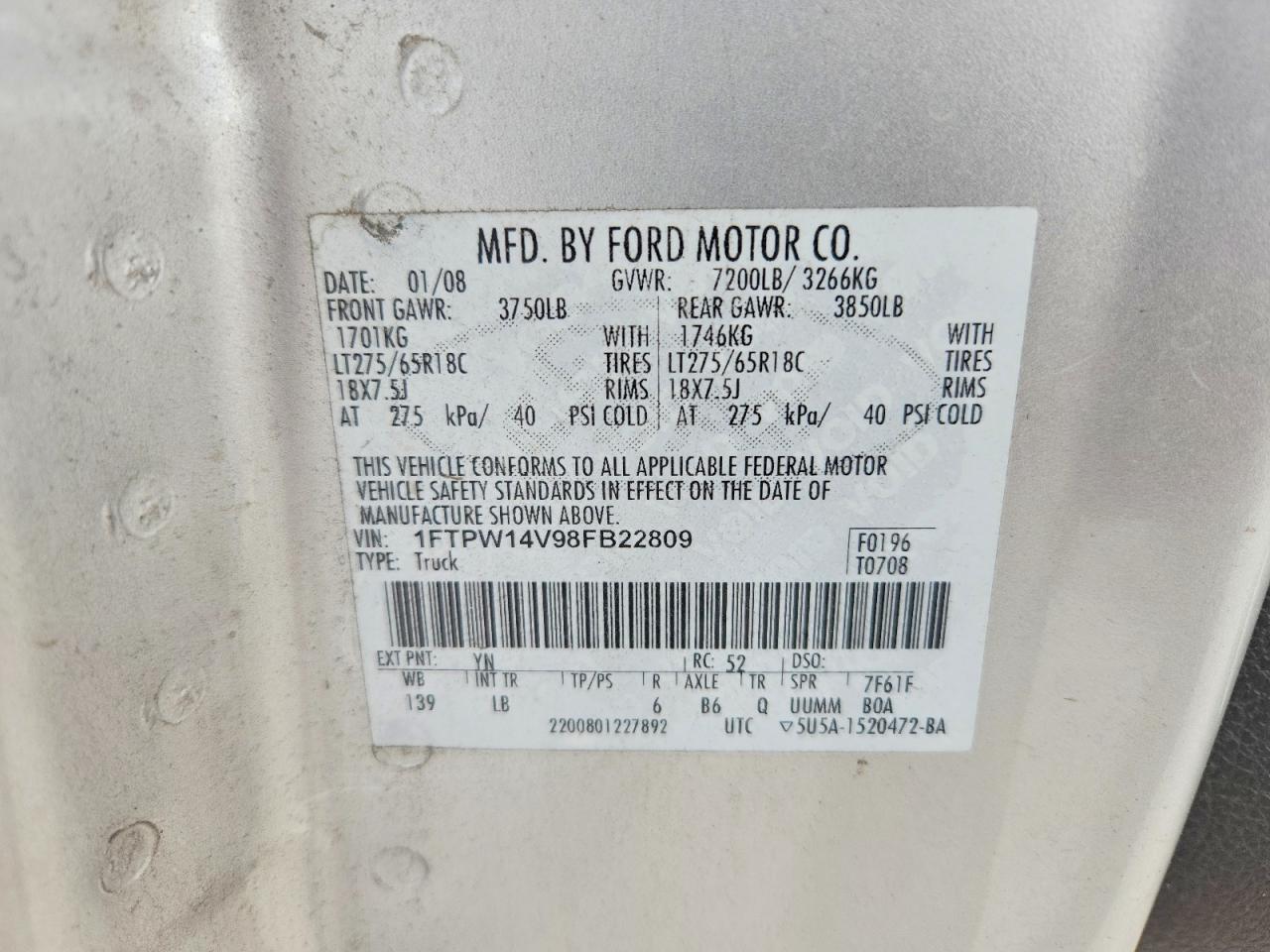 2008 Ford F150 Supercrew Silver vin: 1FTPW14V98FB22809