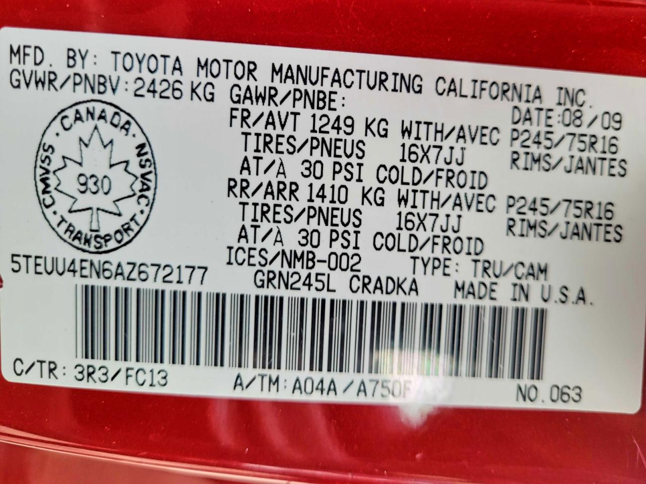 2010 Toyota Tacoma Access Cab Red vin: 5TEUU4EN6AZ672177