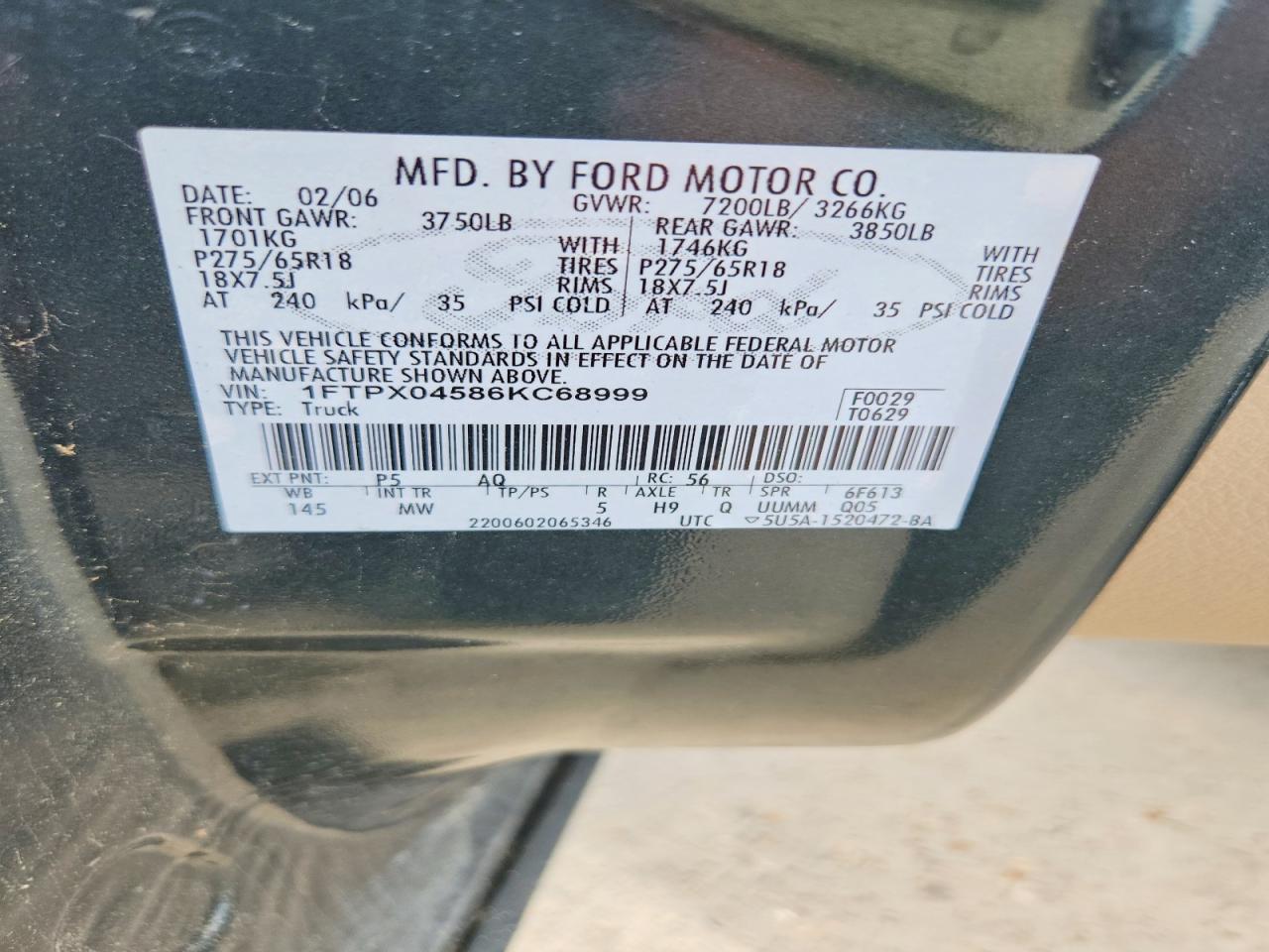 2006 Ford F150 Green vin: 1FTPX04586KC68999