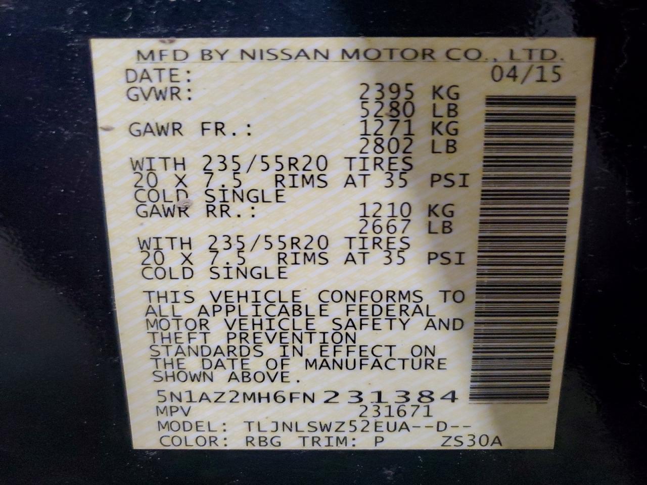 2015 Nissan Murano Platinum Blue vin: 5N1AZ2MH6FN231384