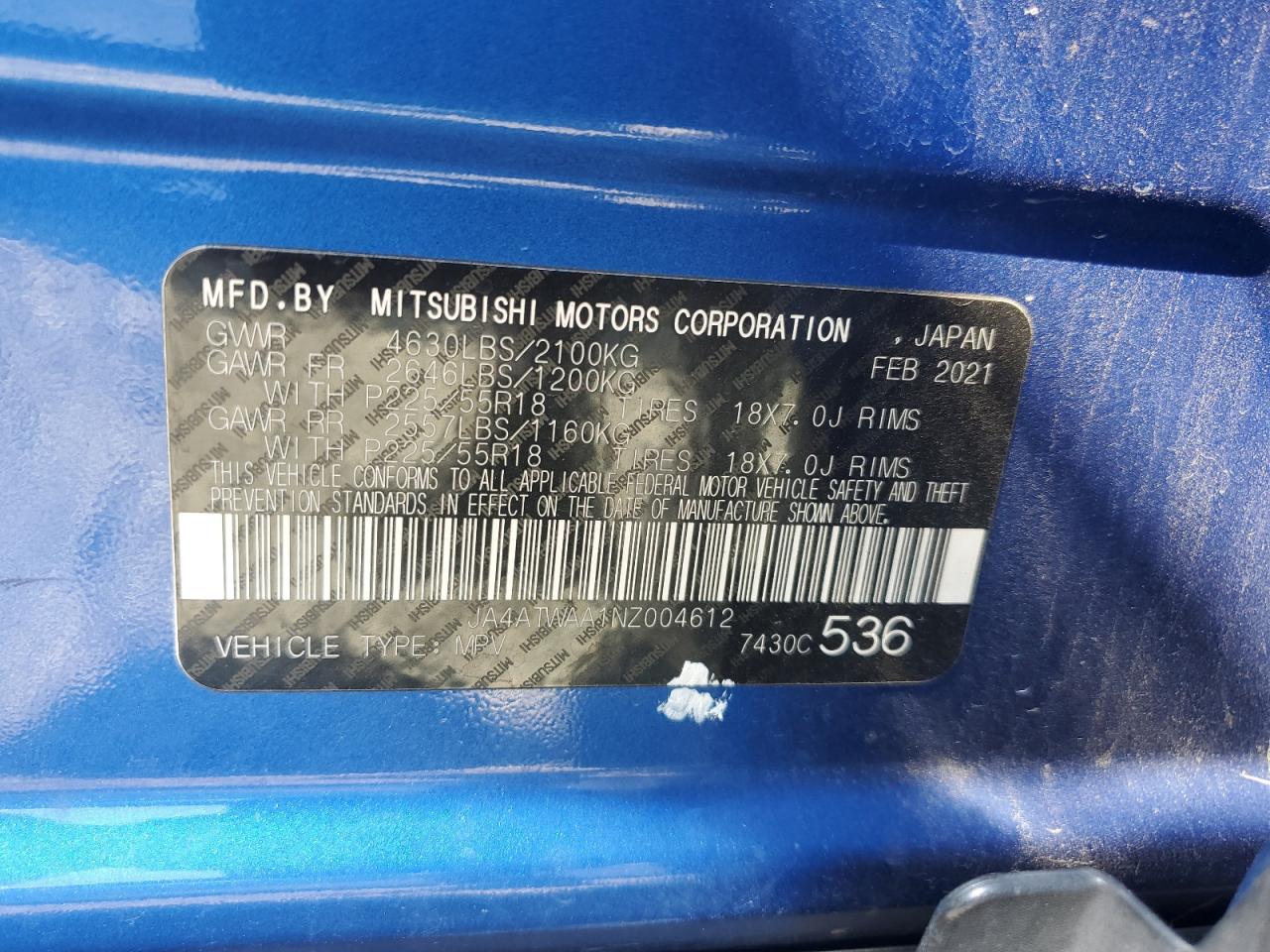 2022 Mitsubishi Eclipse Cross Se   Blue vin: JA4ATWAA1NZ004612