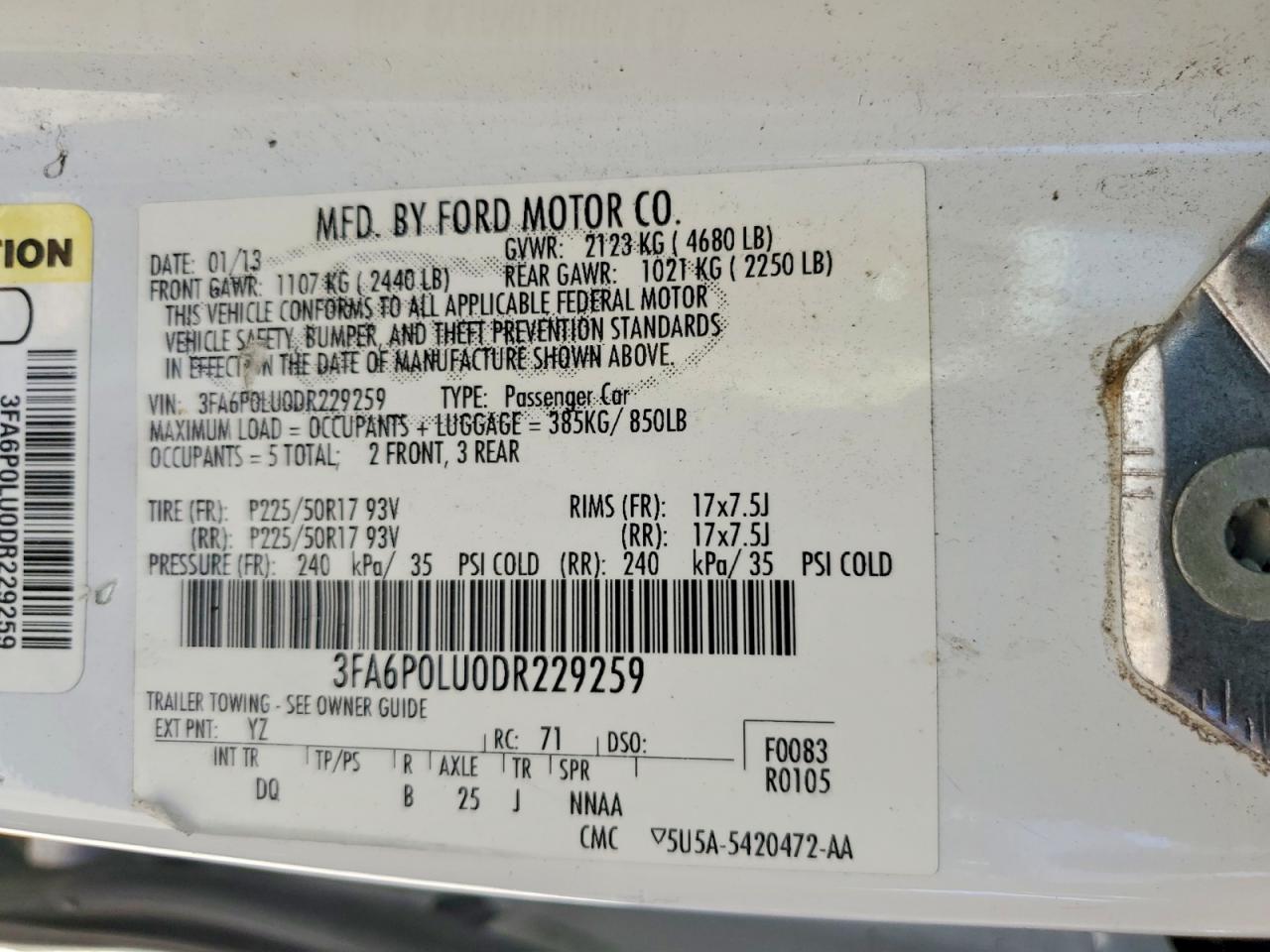 2013 Ford Fusion Se Hybrid White vin: 3FA6P0LU0DR229259