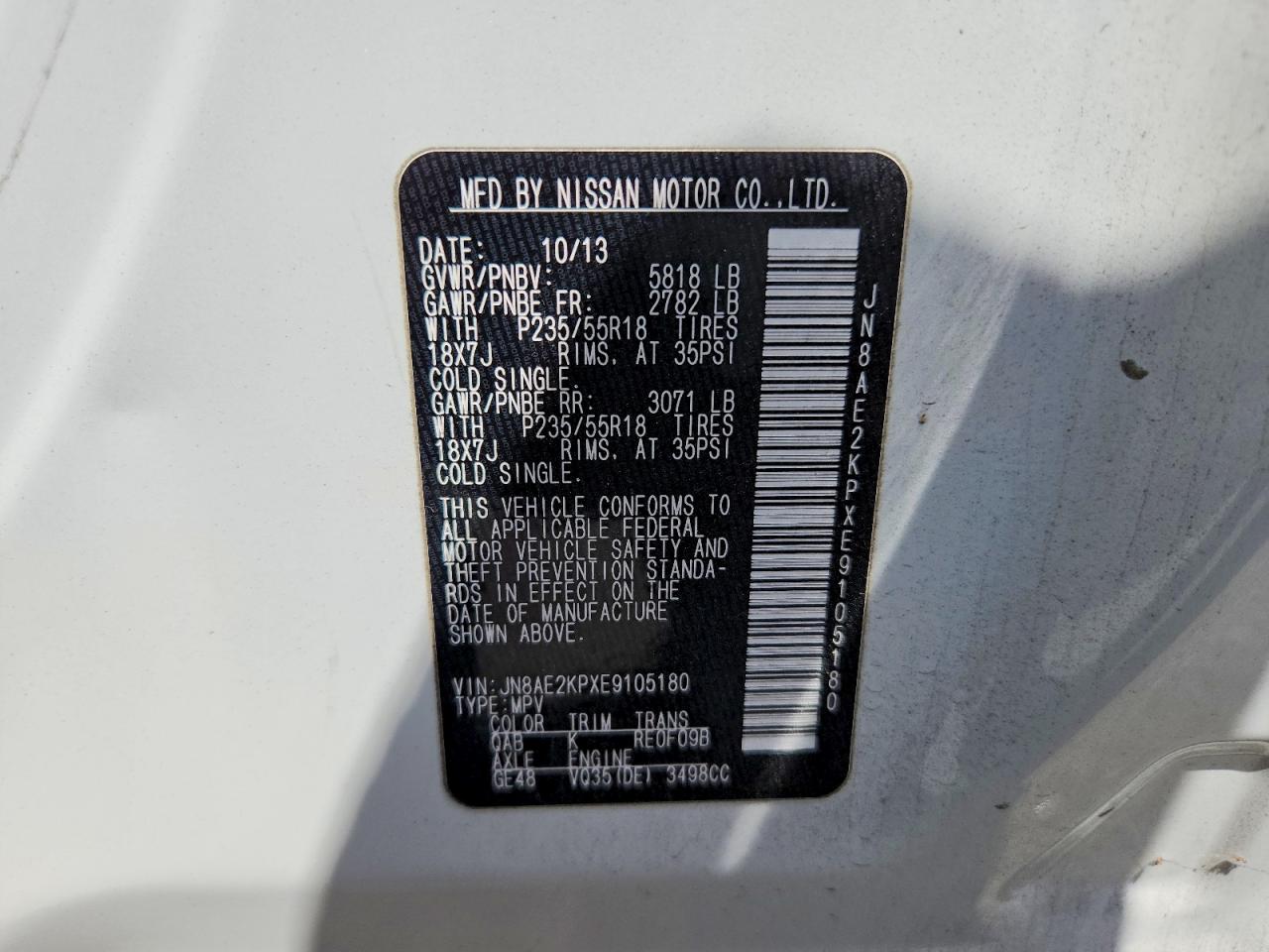 2014 Nissan Quest 3.5 Le White vin: JN8AE2KPXE9105180