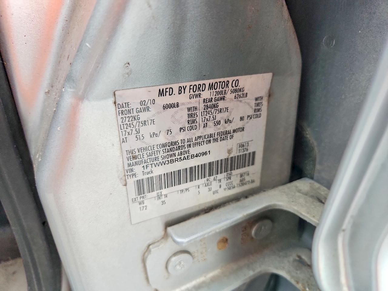 2010 Ford F350 Super Duty Silver vin: 1FTWW3BR5AEB40961