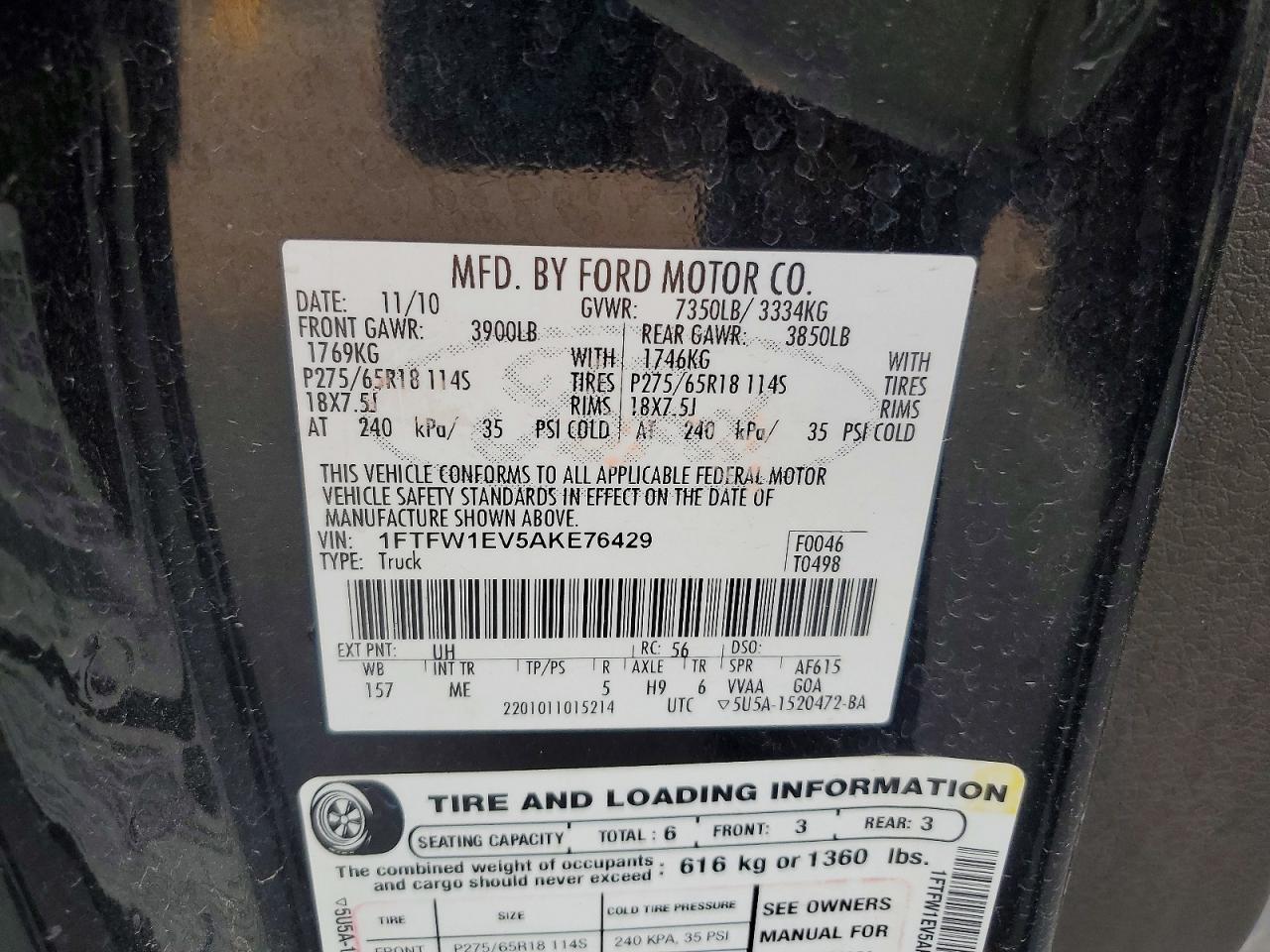 2010 Ford F150 Supercrew Black vin: 1FTFW1EV5AKE76429