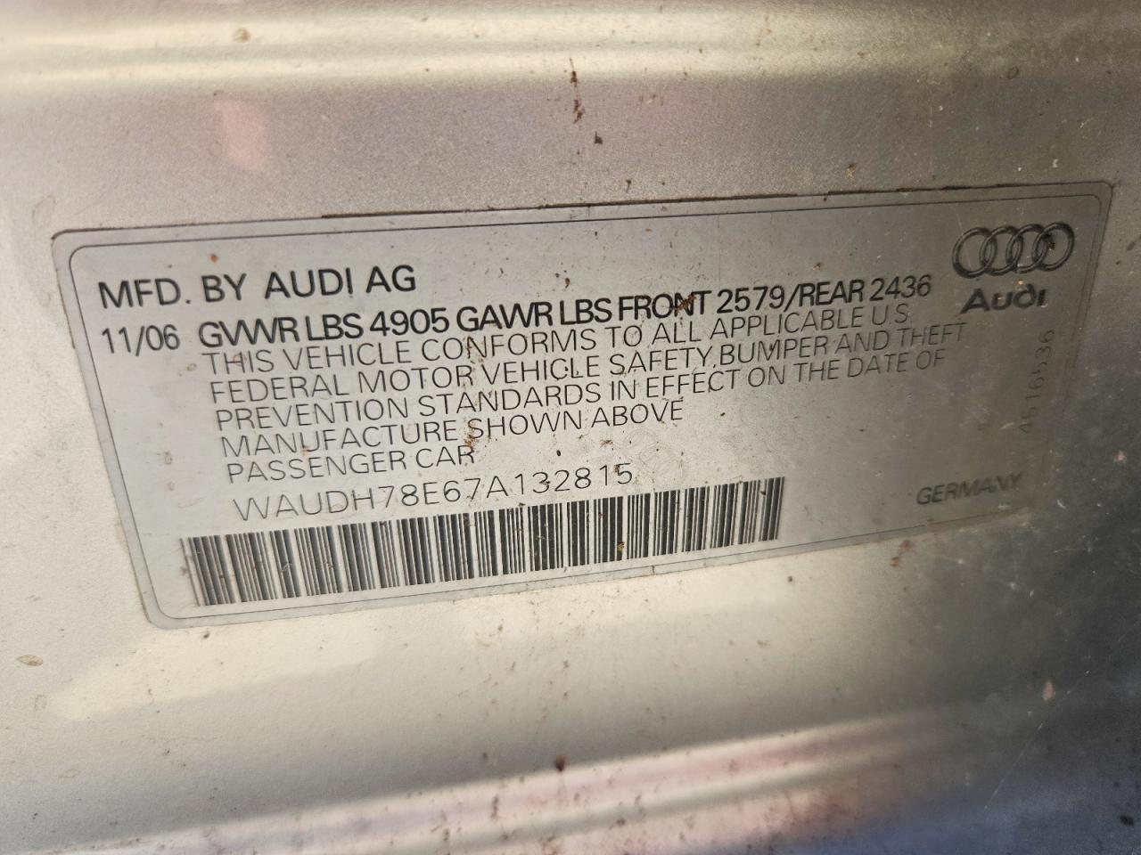 2007 Audi A4 3.2 Quattro Silver vin: WAUDH78E67A132815