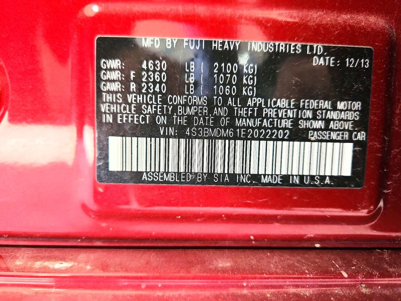 2014 Subaru Legacy 3.6r Limited Red vin: 4S3BMDM61E2022202