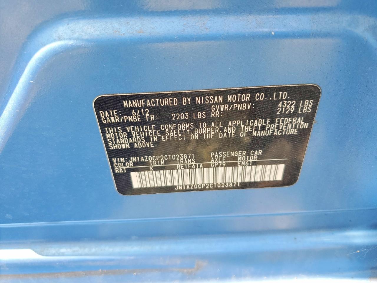 2012 Nissan Leaf Sv Blue vin: JN1AZ0CP2CT023871