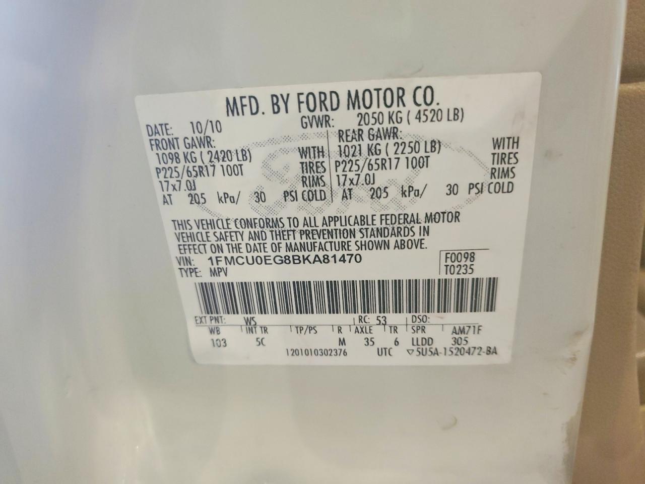 2011 Ford Escape Limited White vin: 1FMCU0EG8BKA81470
