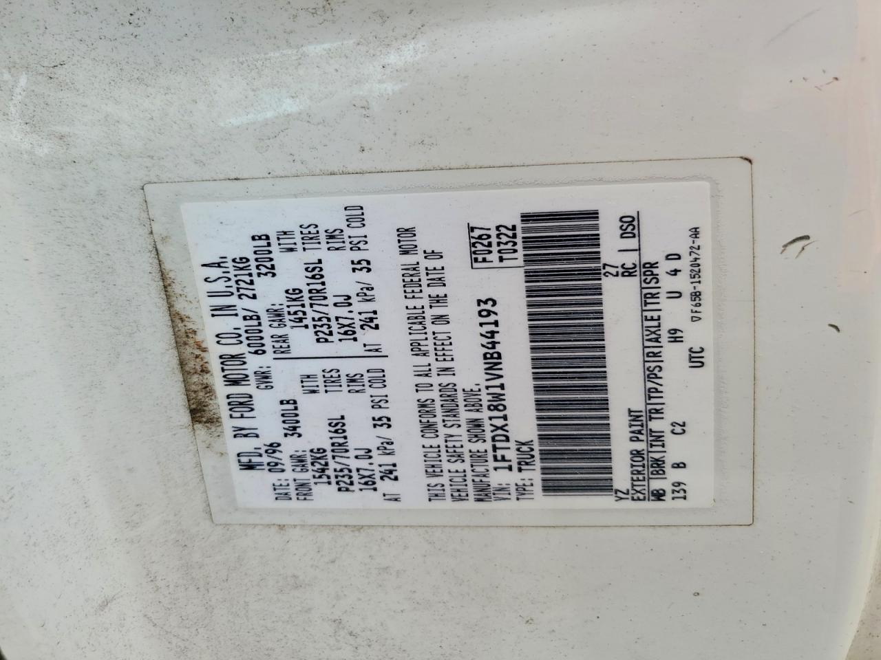 1997 Ford F150 White vin: 1FTDX18W1VNB44193