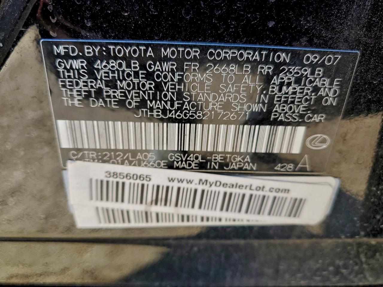 2008 Lexus Es 350 Black vin: JTHBJ46G582172671