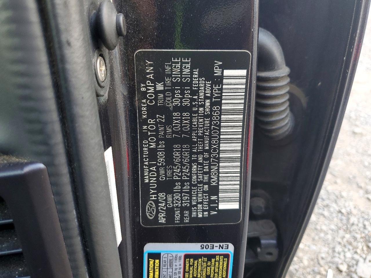 2008 Hyundai Veracruz Gls Black vin: KM8NU73CX8U073868
