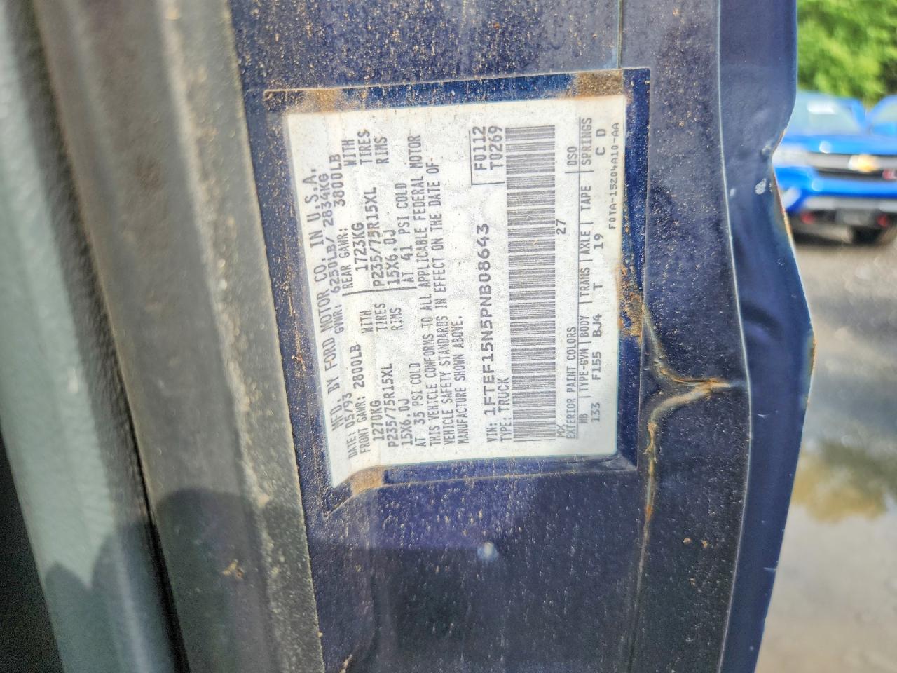 1993 Ford F150 Blue vin: 1FTEF15N5PNB08643
