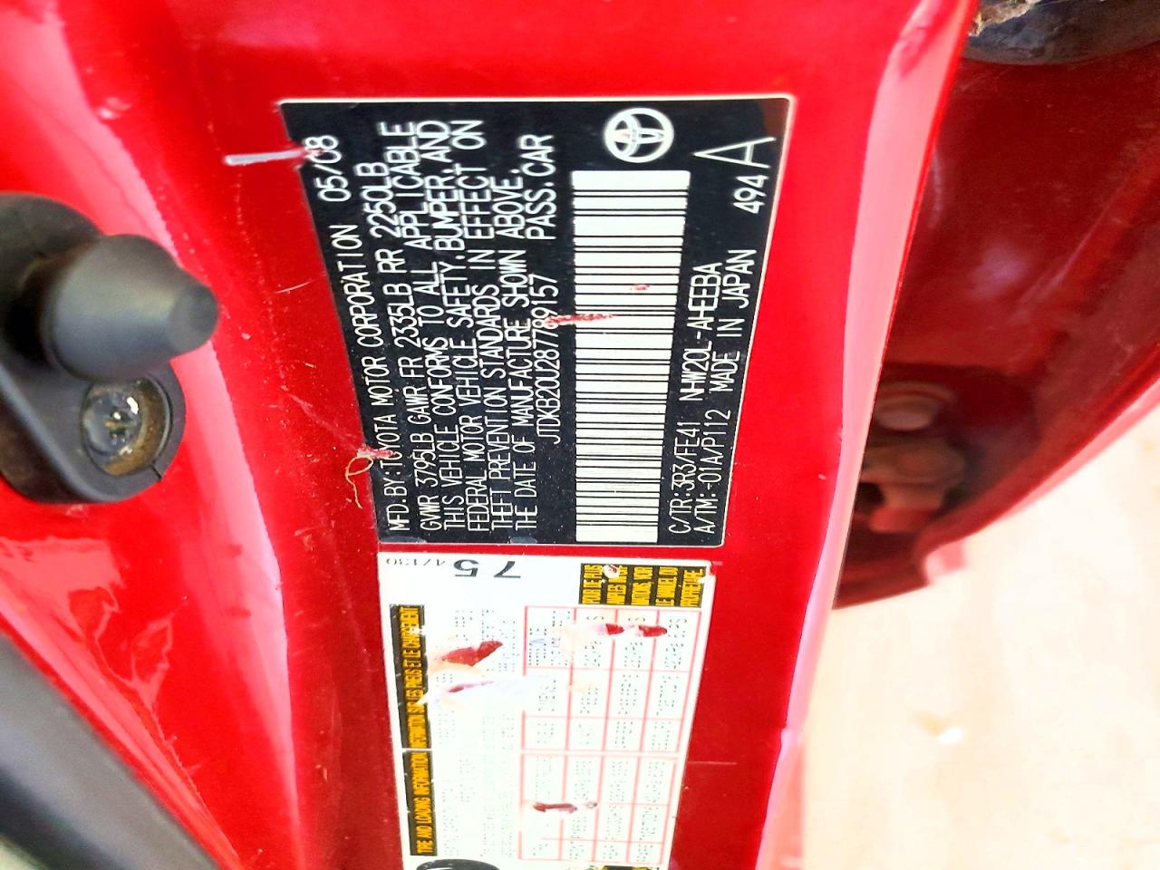 2008 Toyota Prius Standard Red vin: JTDKB20U287789157