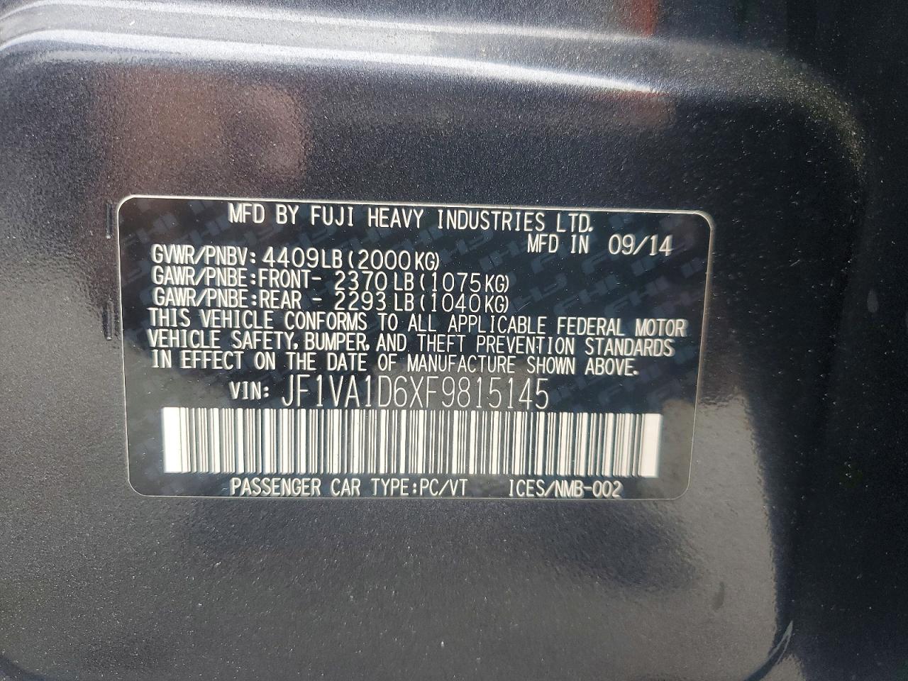 2015 Subaru Wrx Premium Charcoal vin: JF1VA1D6XF9815145