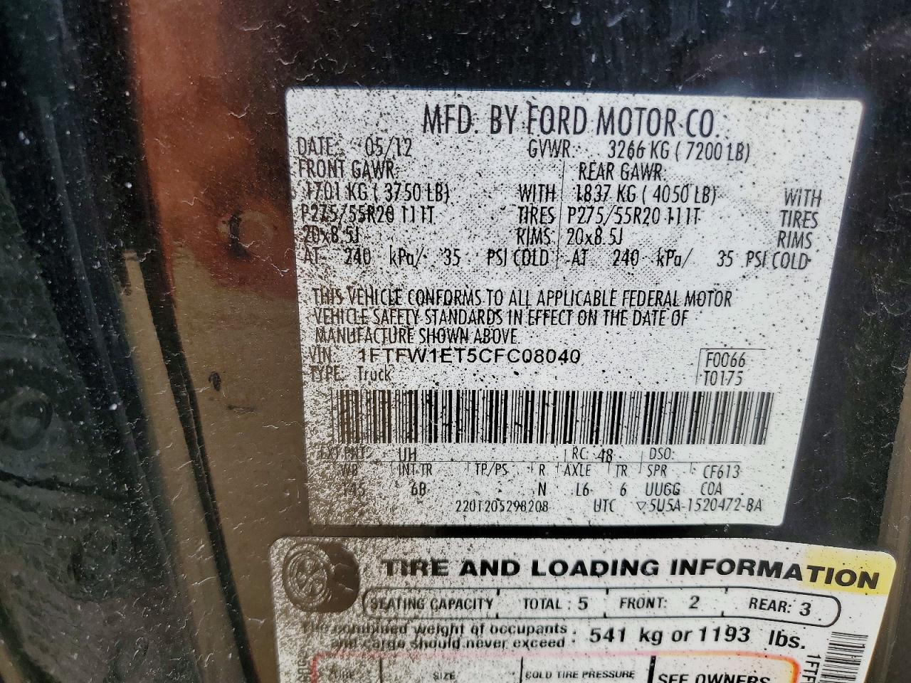 2012 Ford F150 Supercrew Black vin: 1FTFW1ET5CFC08040