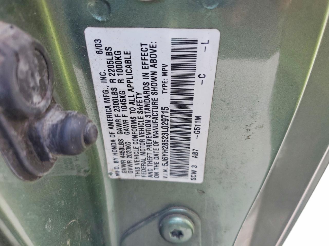 2003 Honda Element Ex Green vin: 5J6YH28523L029715