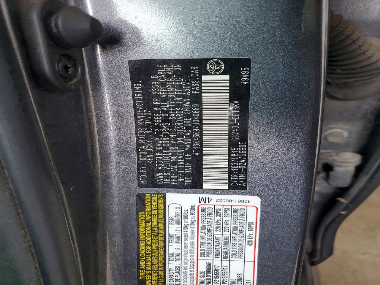 2007 Toyota Camry Se V6 Gray vin: 4T1BK46K97U040689
