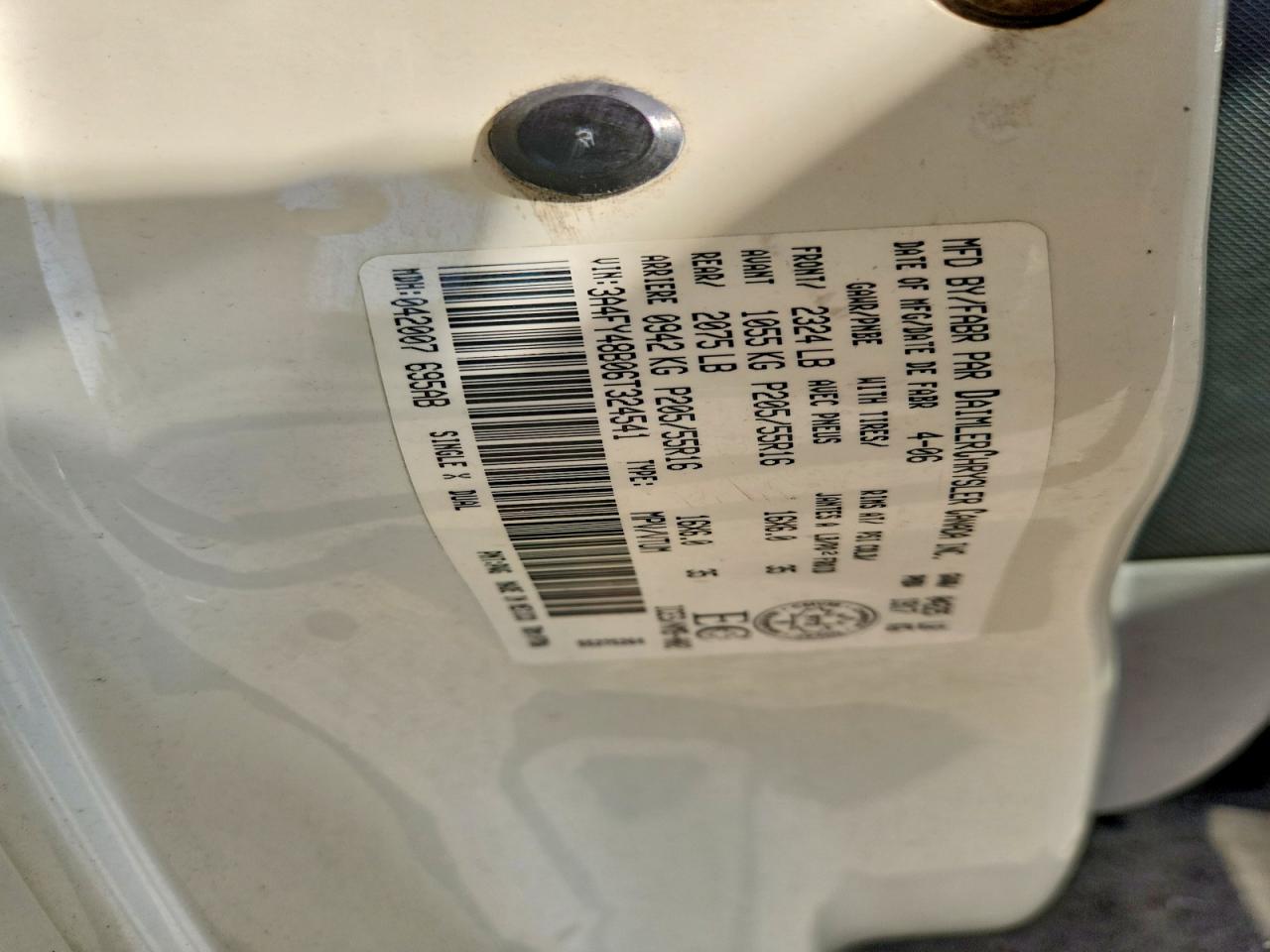 2006 Chrysler Pt Cruiser Белый vin: 3A4FY48B06T324541
