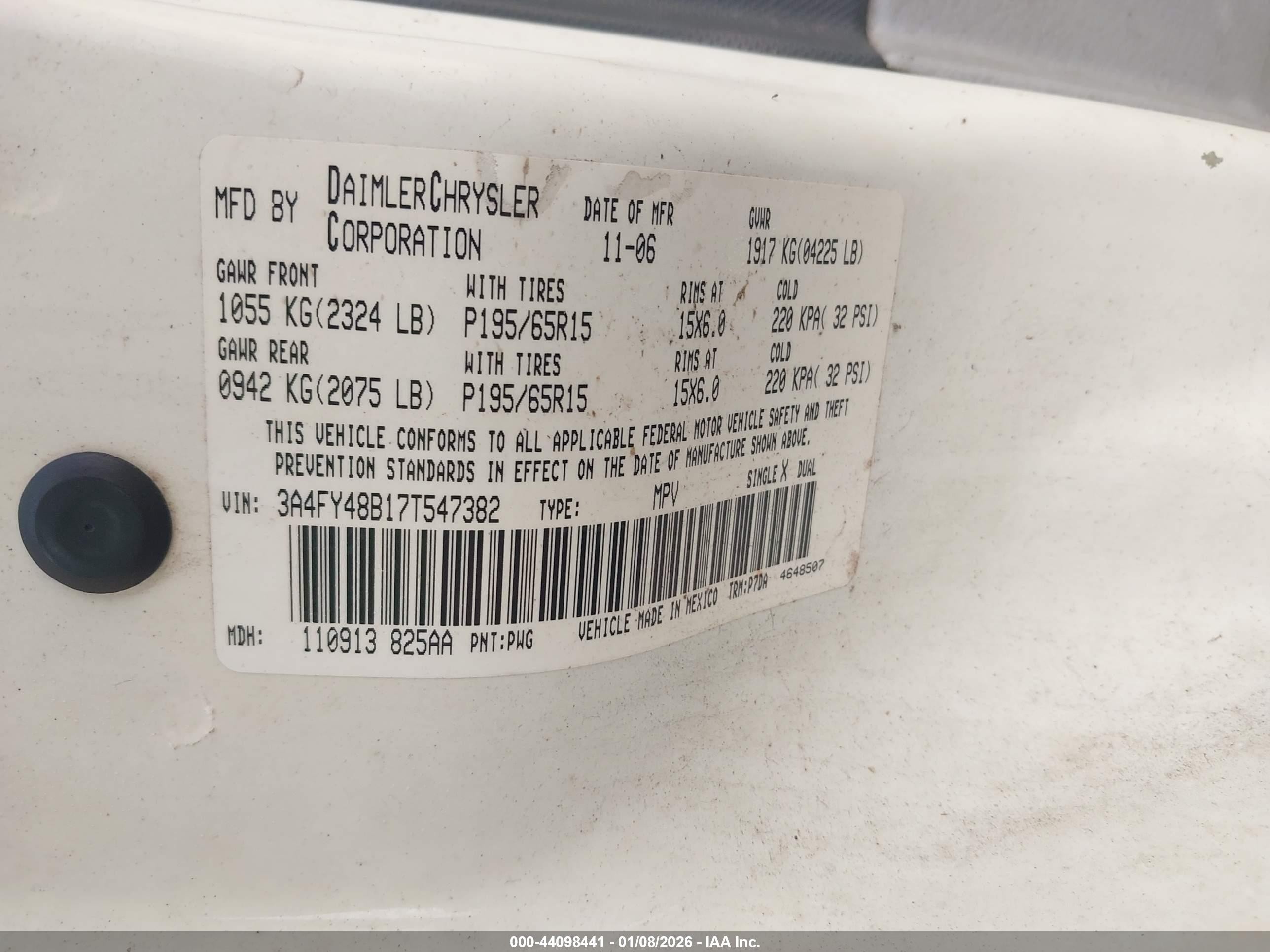 2007 Chrysler Pt Cruiser   White vin: 3A4FY48B17T547382
