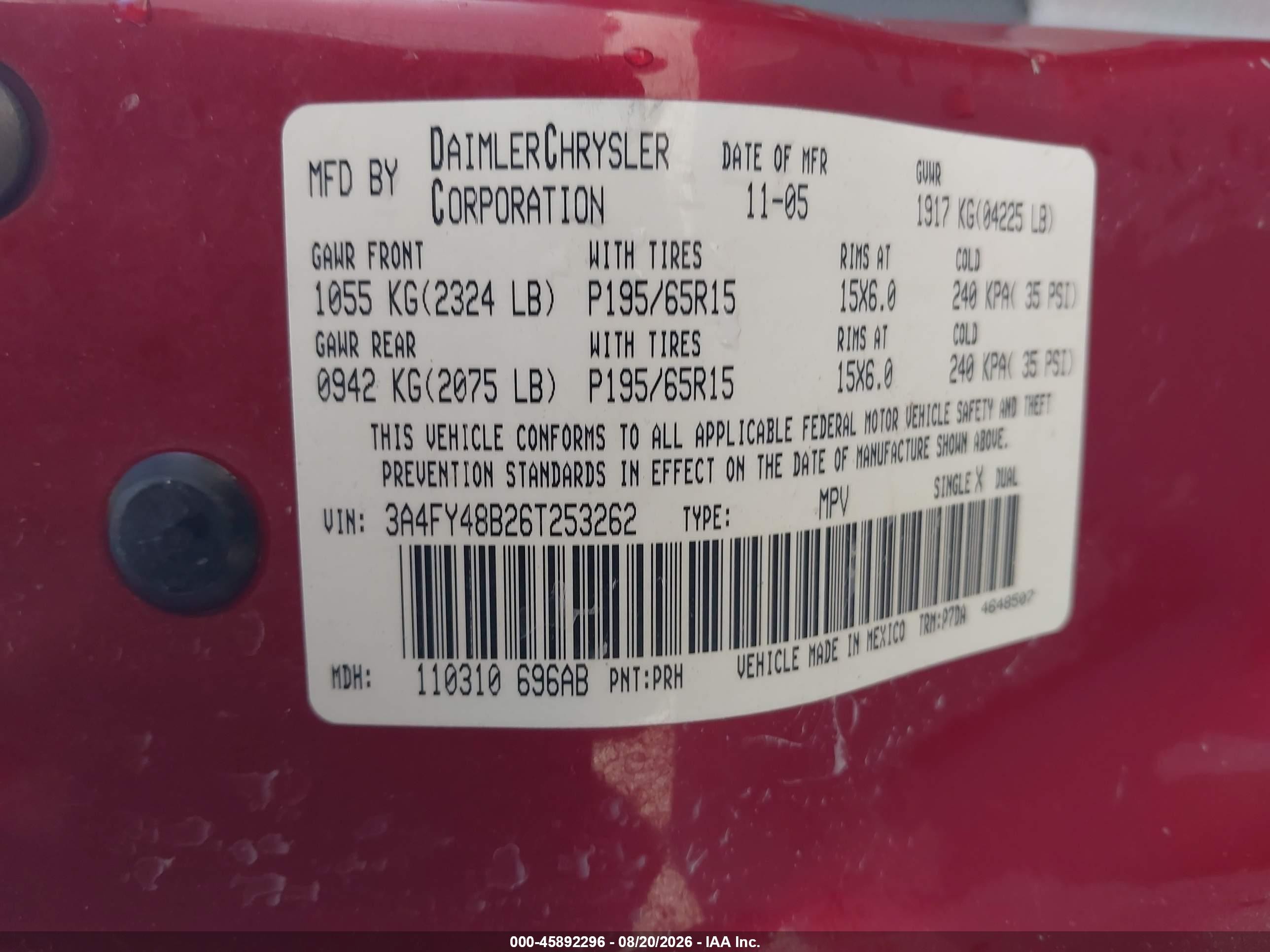 2006 Chrysler Pt Cruiser   Red vin: 3A4FY48B26T253262
