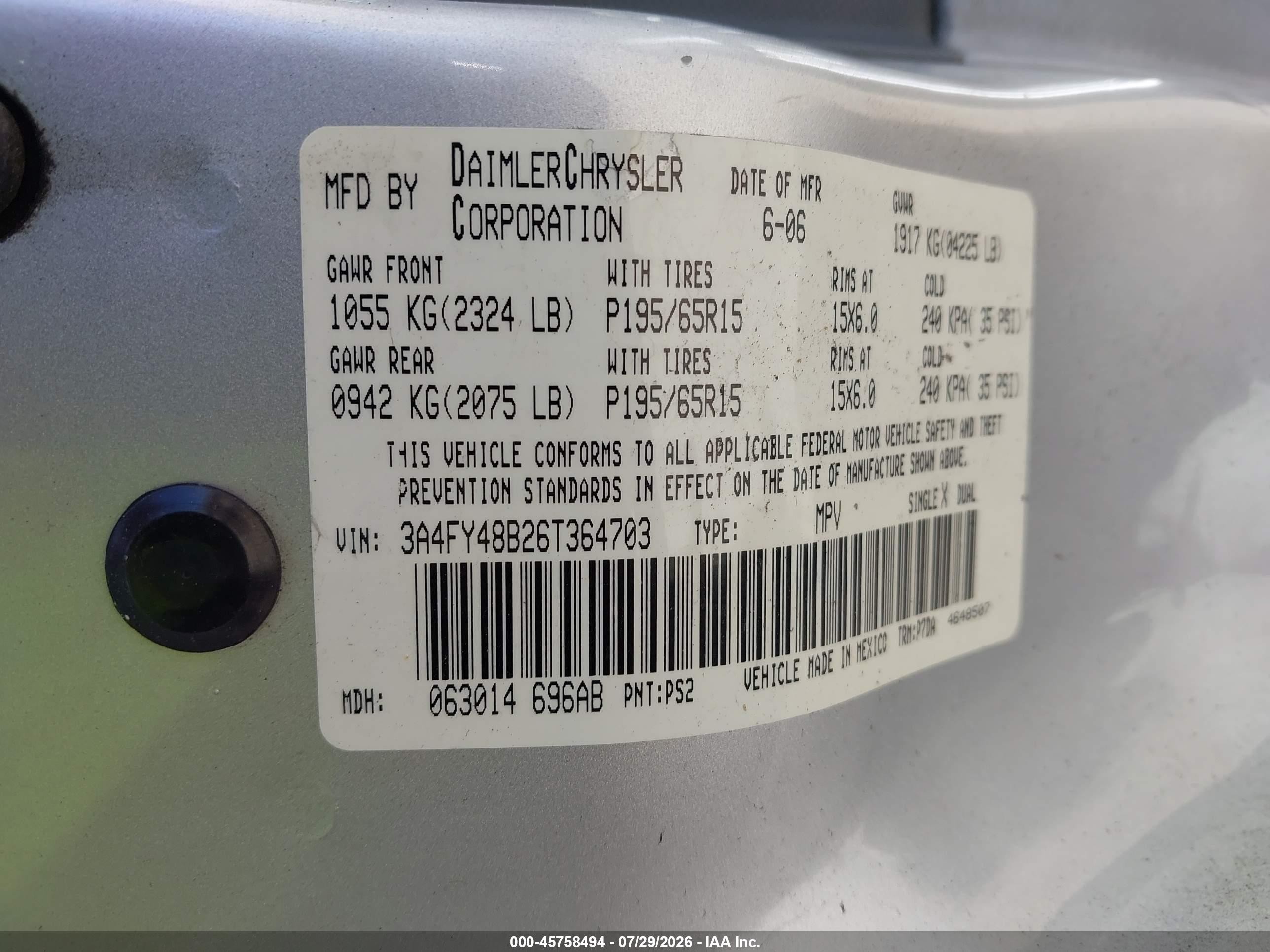 2006 Chrysler Pt Cruiser   Gray vin: 3A4FY48B26T364703