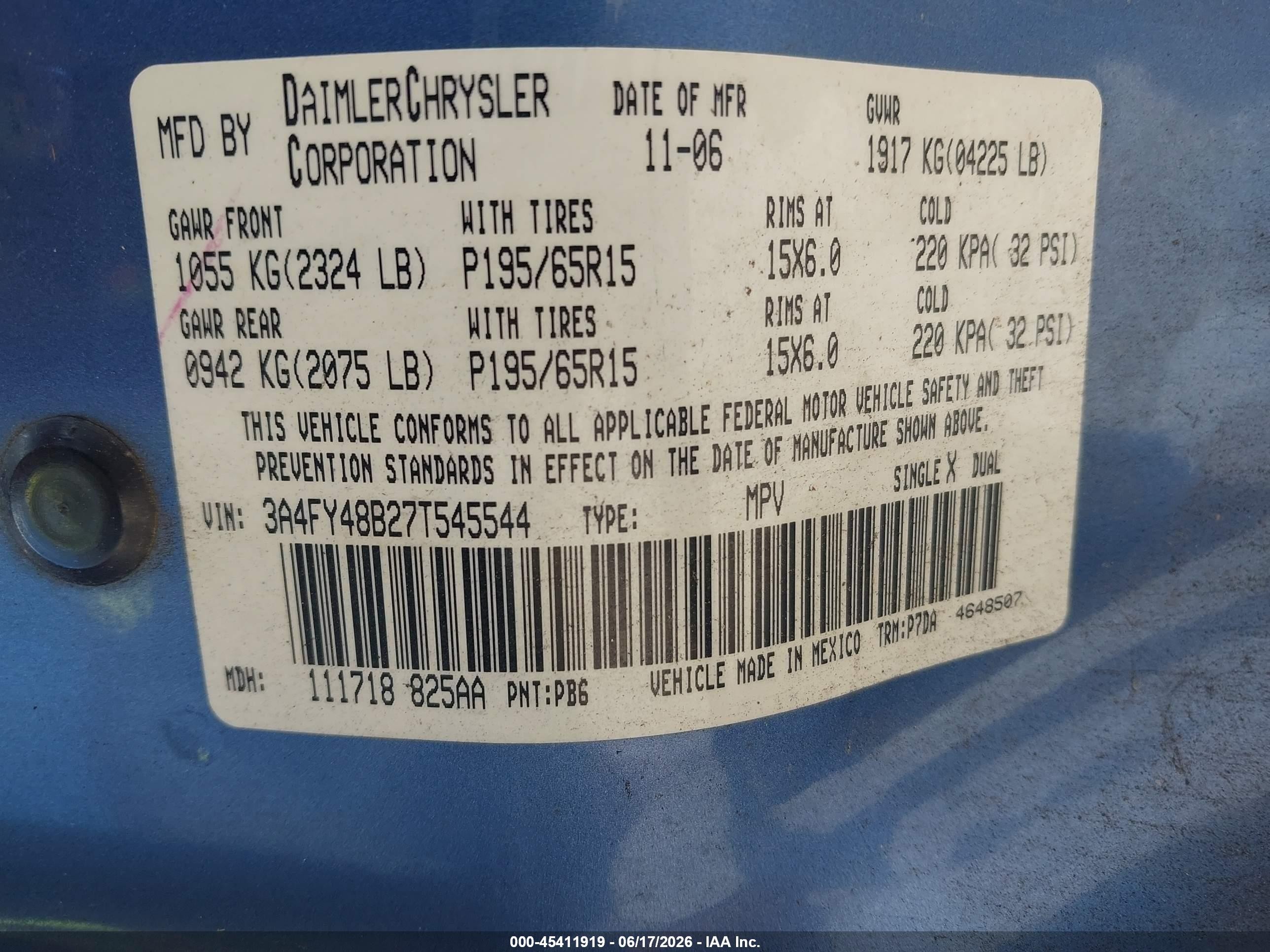2007 Chrysler Pt Cruiser   Blue vin: 3A4FY48B27T545544