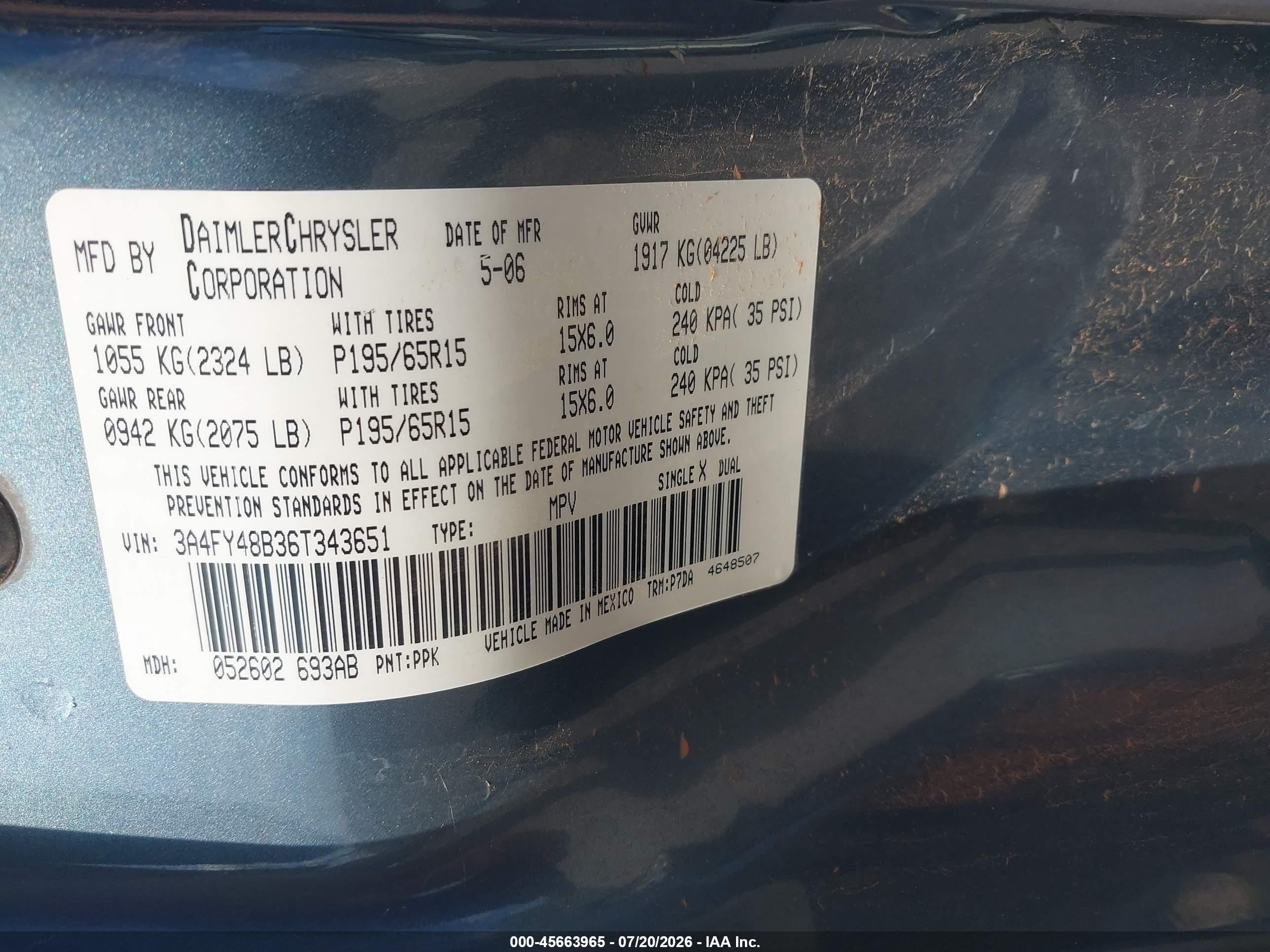 2006 Chrysler Pt Cruiser   Серый vin: 3A4FY48B36T343651