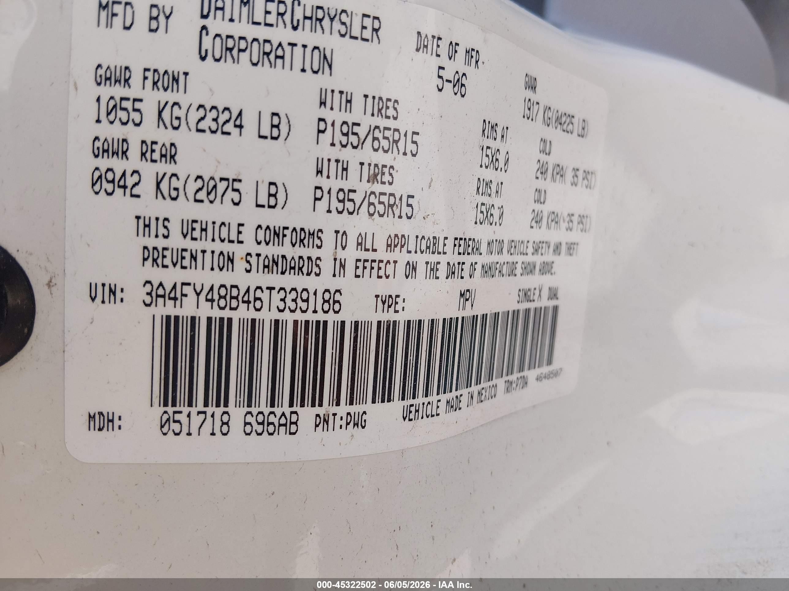 2006 Chrysler Pt Cruiser   Cream vin: 3A4FY48B46T339186