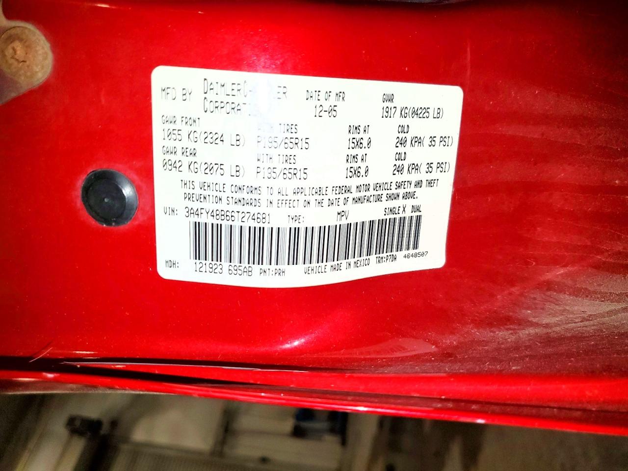 2006 Chrysler Pt Cruiser Red vin: 3A4FY48B66T274681