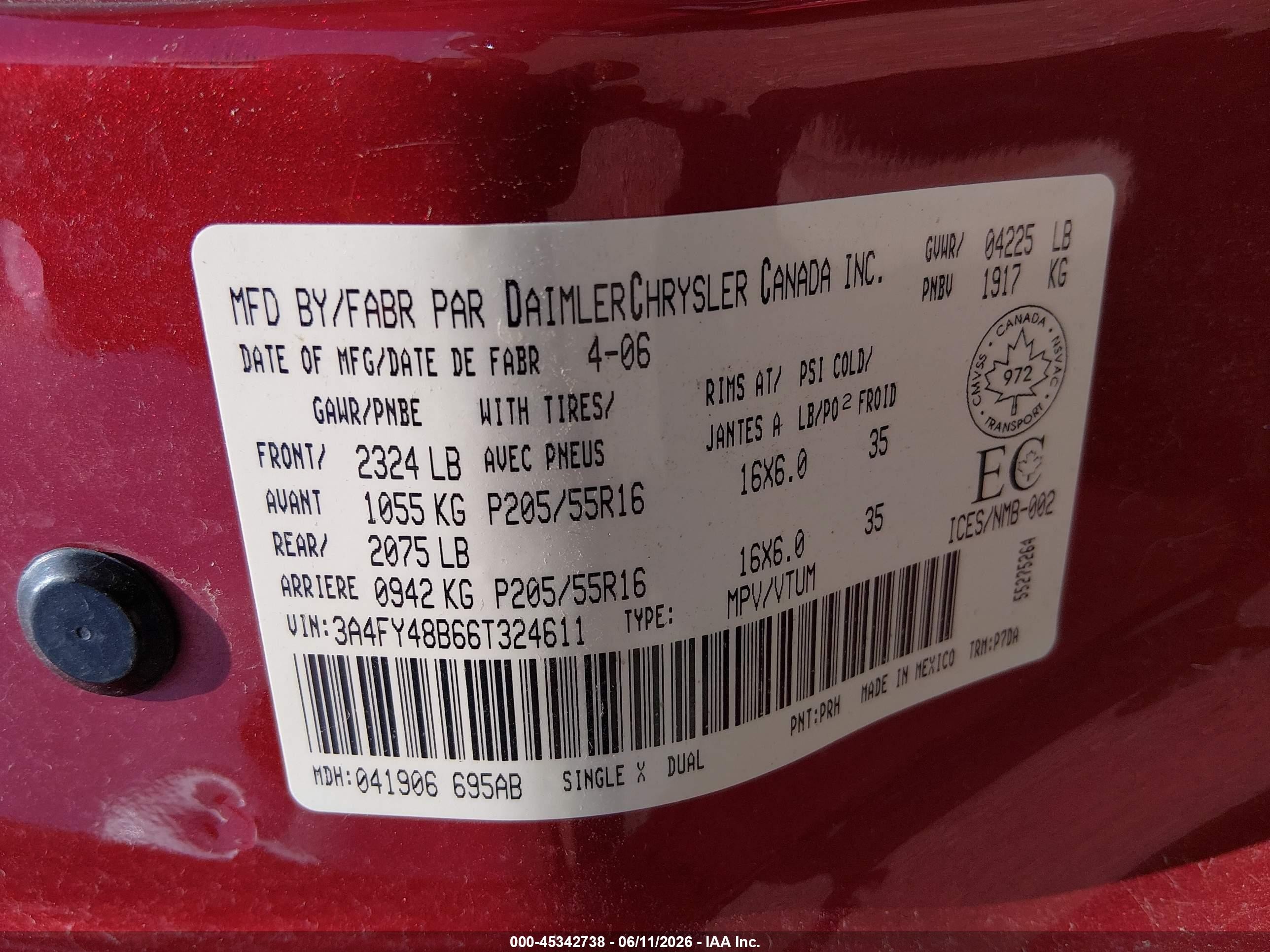 2006 Chrysler Pt Cruiser   Red vin: 3A4FY48B66T324611