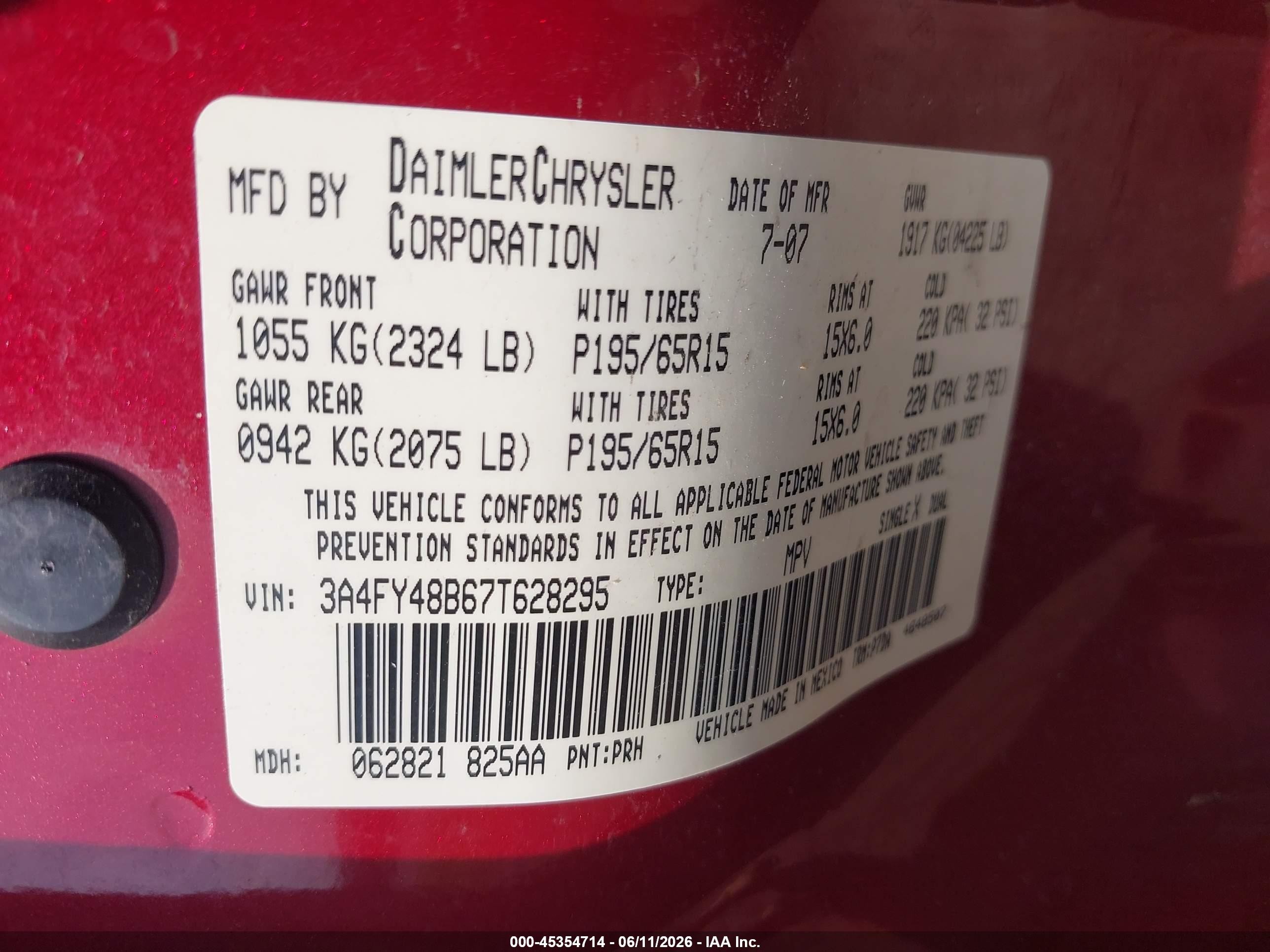 2007 Chrysler Pt Cruiser   Red vin: 3A4FY48B67T628295