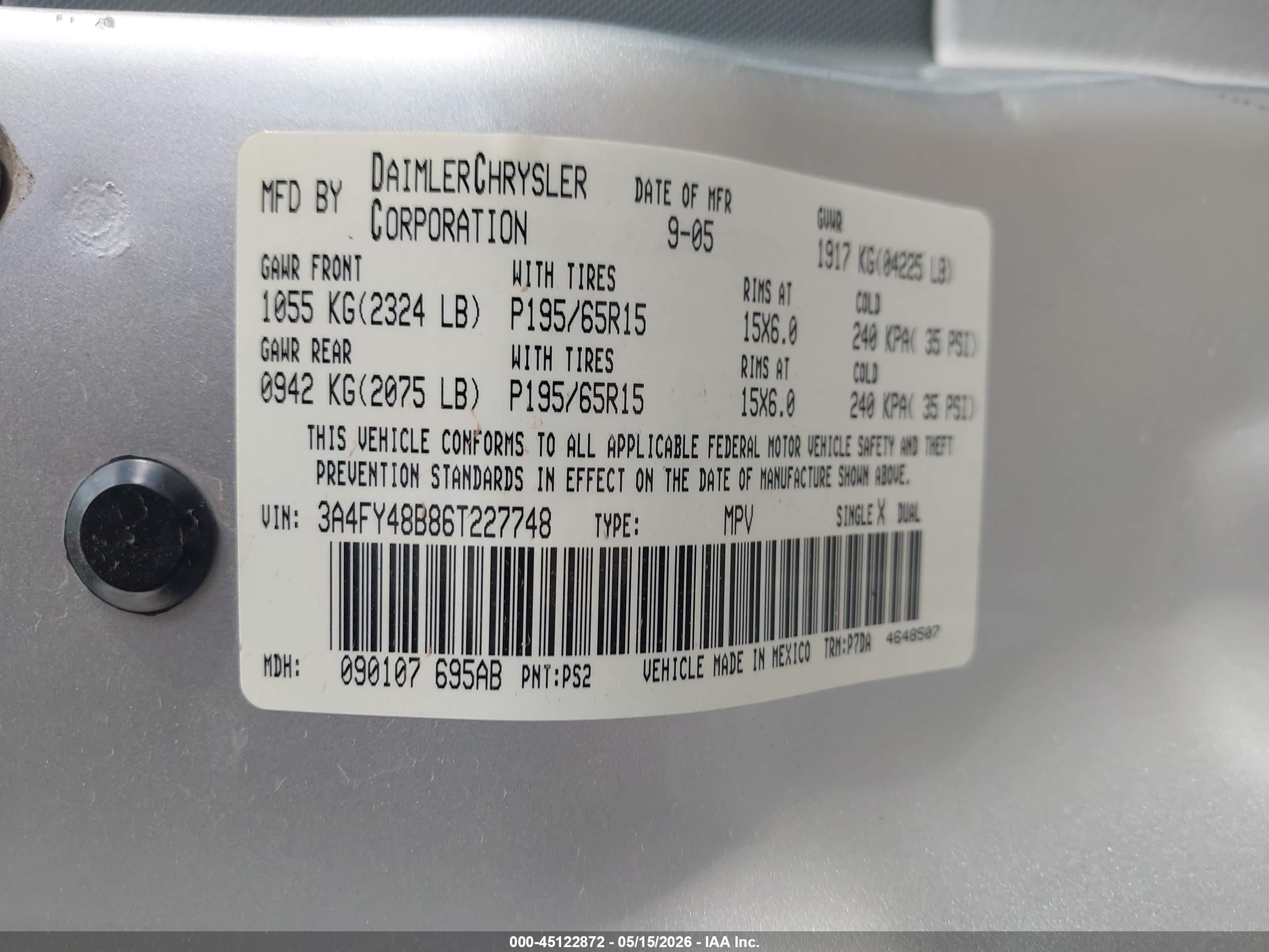 2006 Chrysler Pt Cruiser   Silver vin: 3A4FY48B86T227748