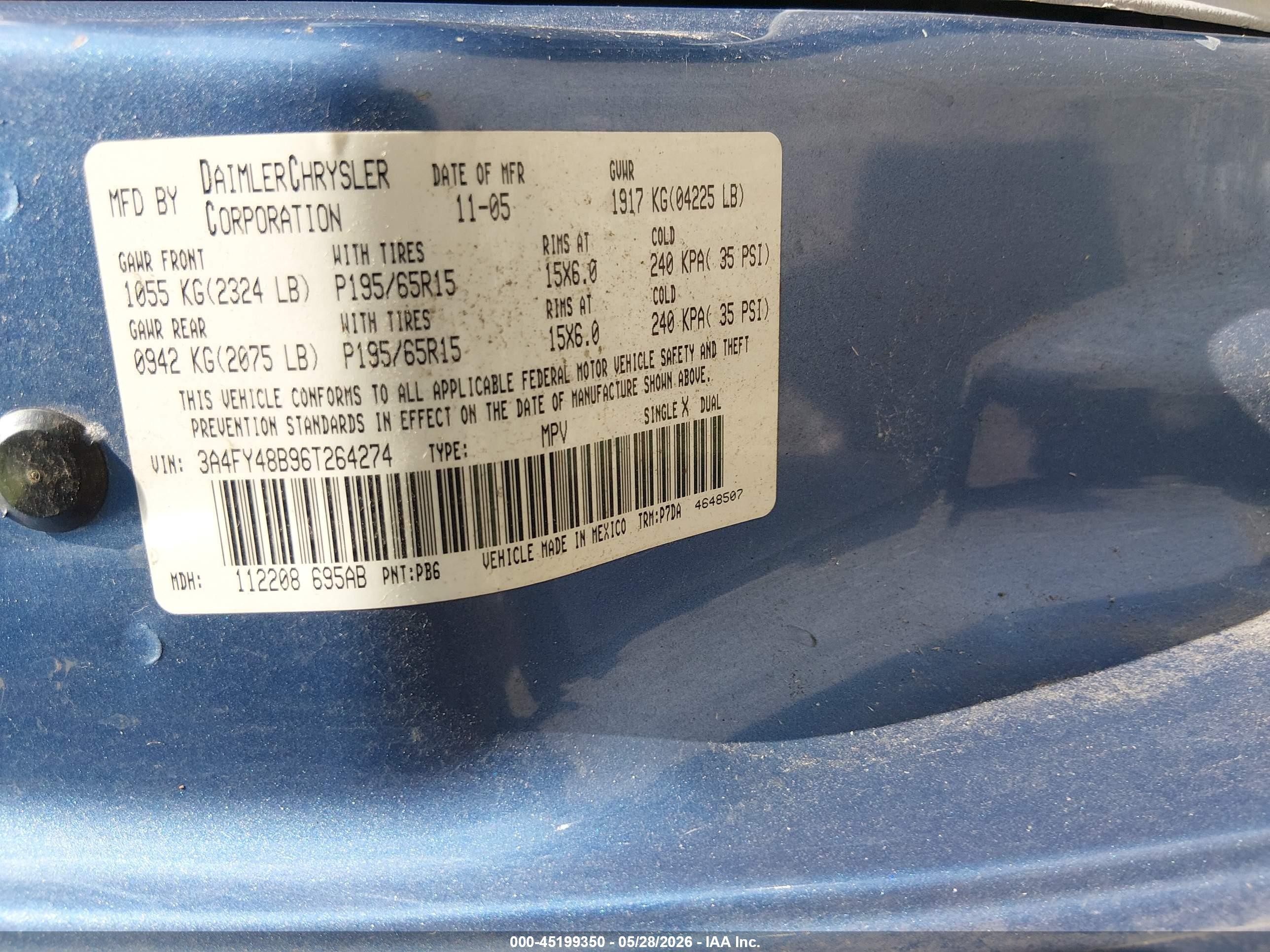 2006 Chrysler Pt Cruiser   Blue vin: 3A4FY48B96T264274