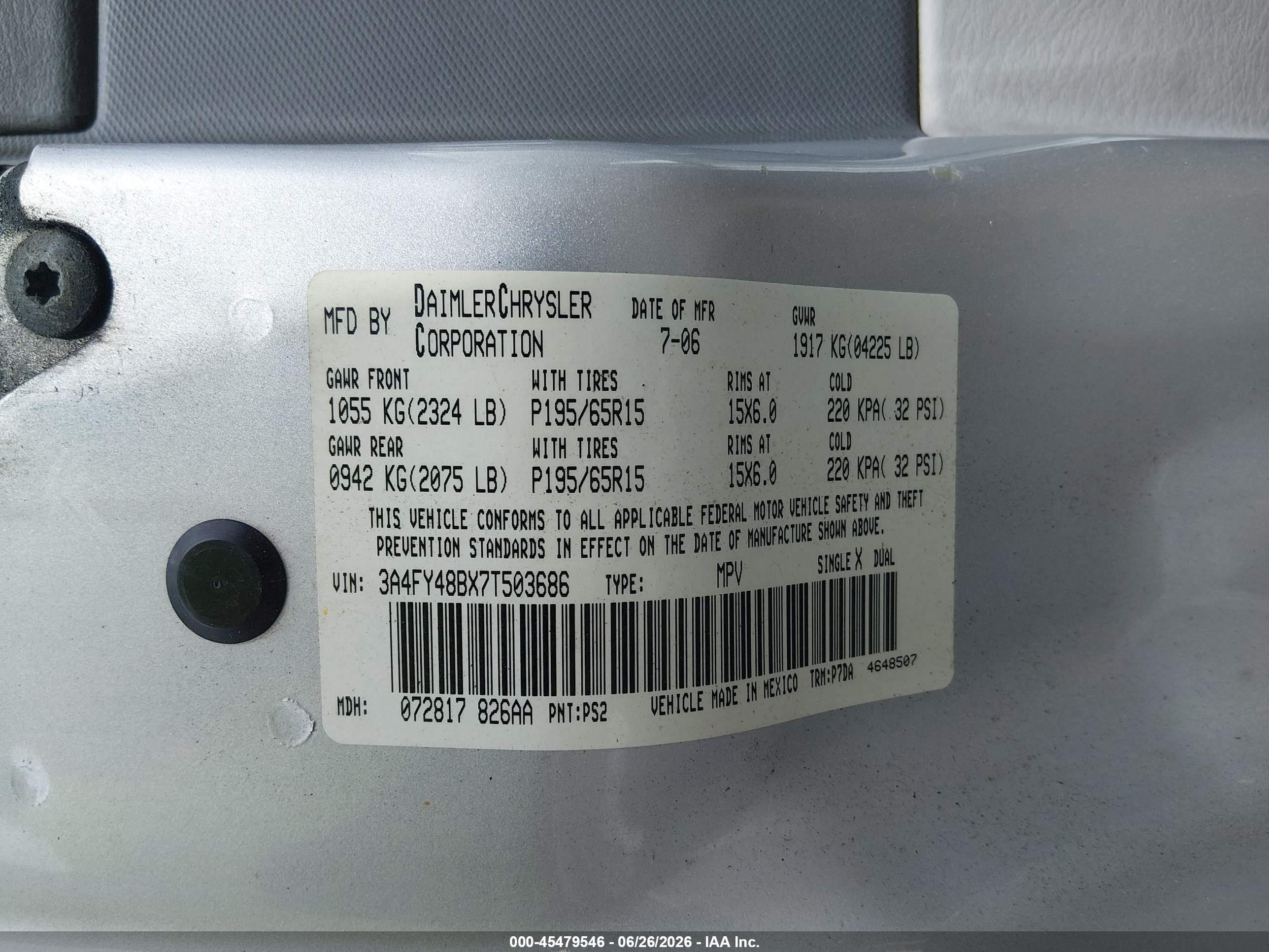 2007 Chrysler Pt Cruiser   Silver vin: 3A4FY48BX7T503686