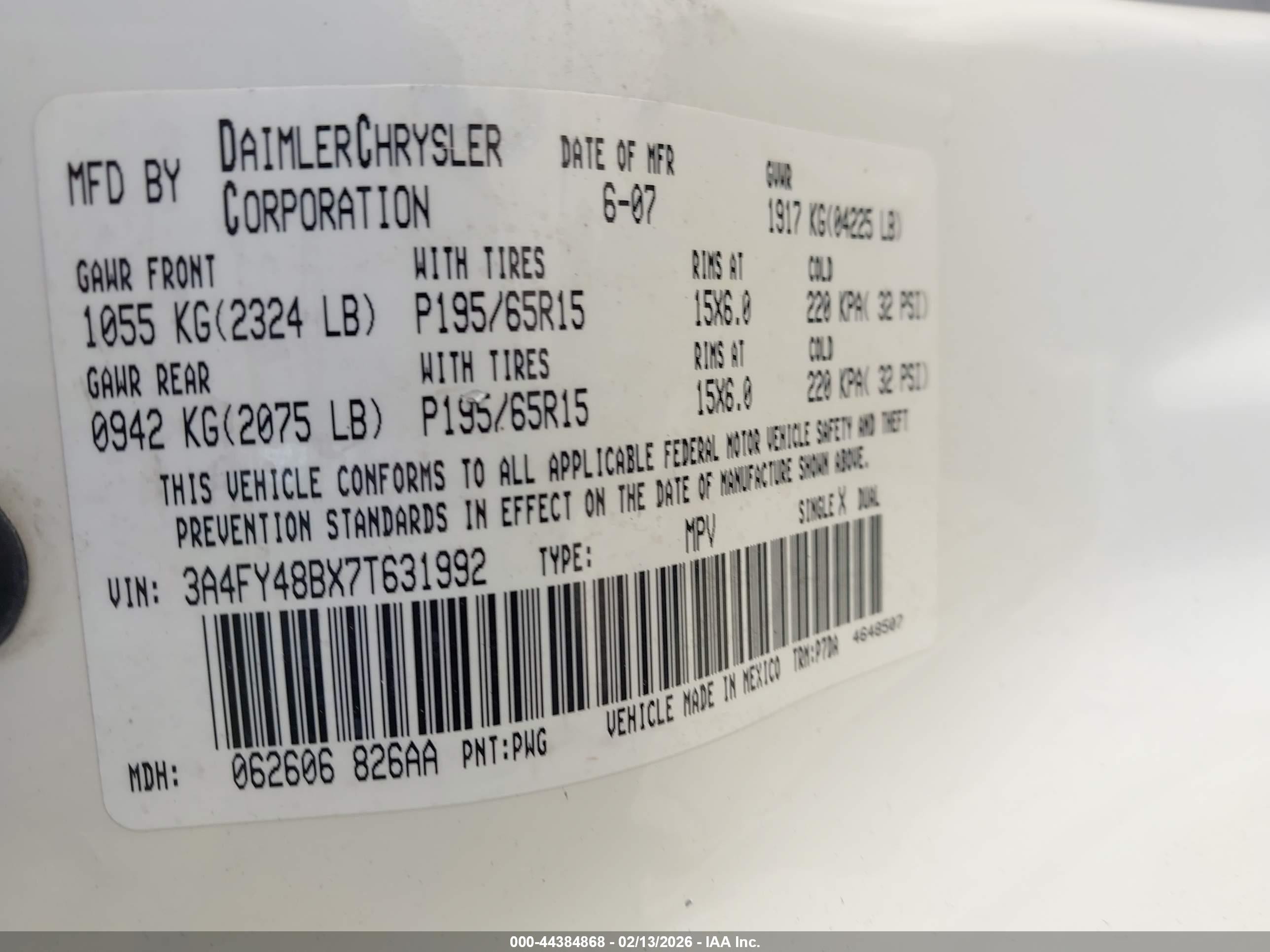 2007 Chrysler Pt Cruiser   White vin: 3A4FY48BX7T631992