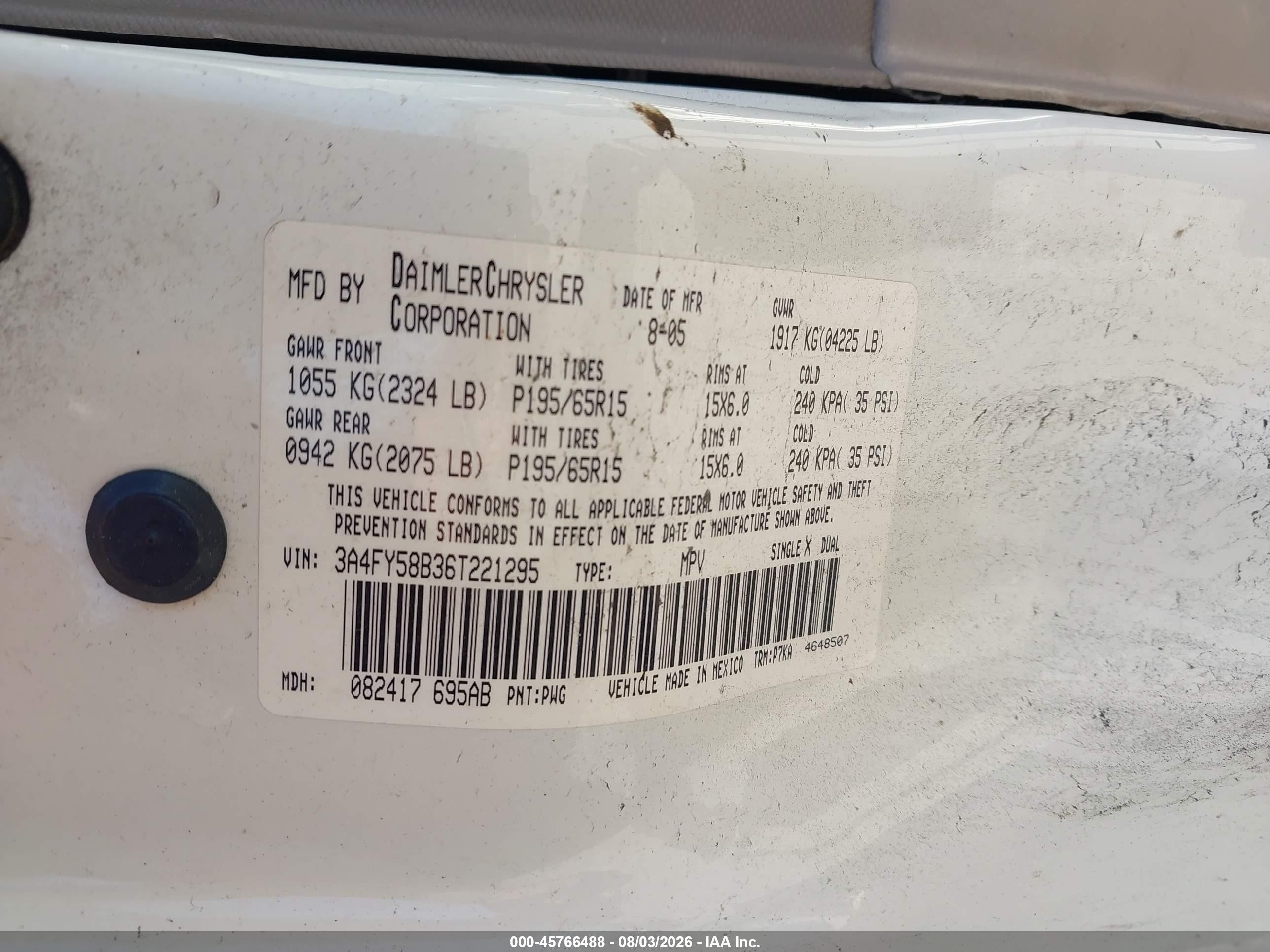 2006 Chrysler Pt Cruiser Touring White vin: 3A4FY58B36T221295