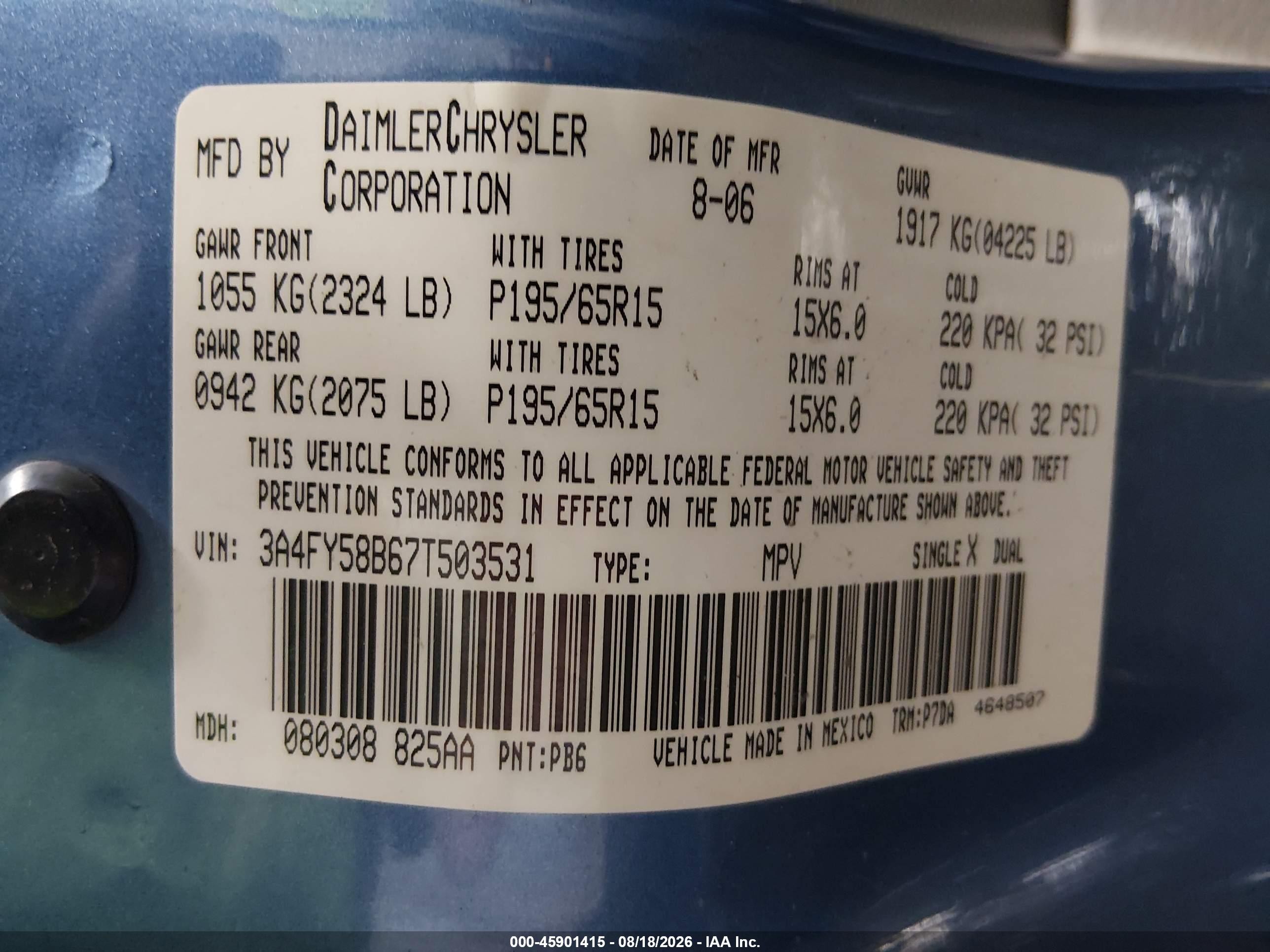 2007 Chrysler Pt Cruiser Touring Blue vin: 3A4FY58B67T503531