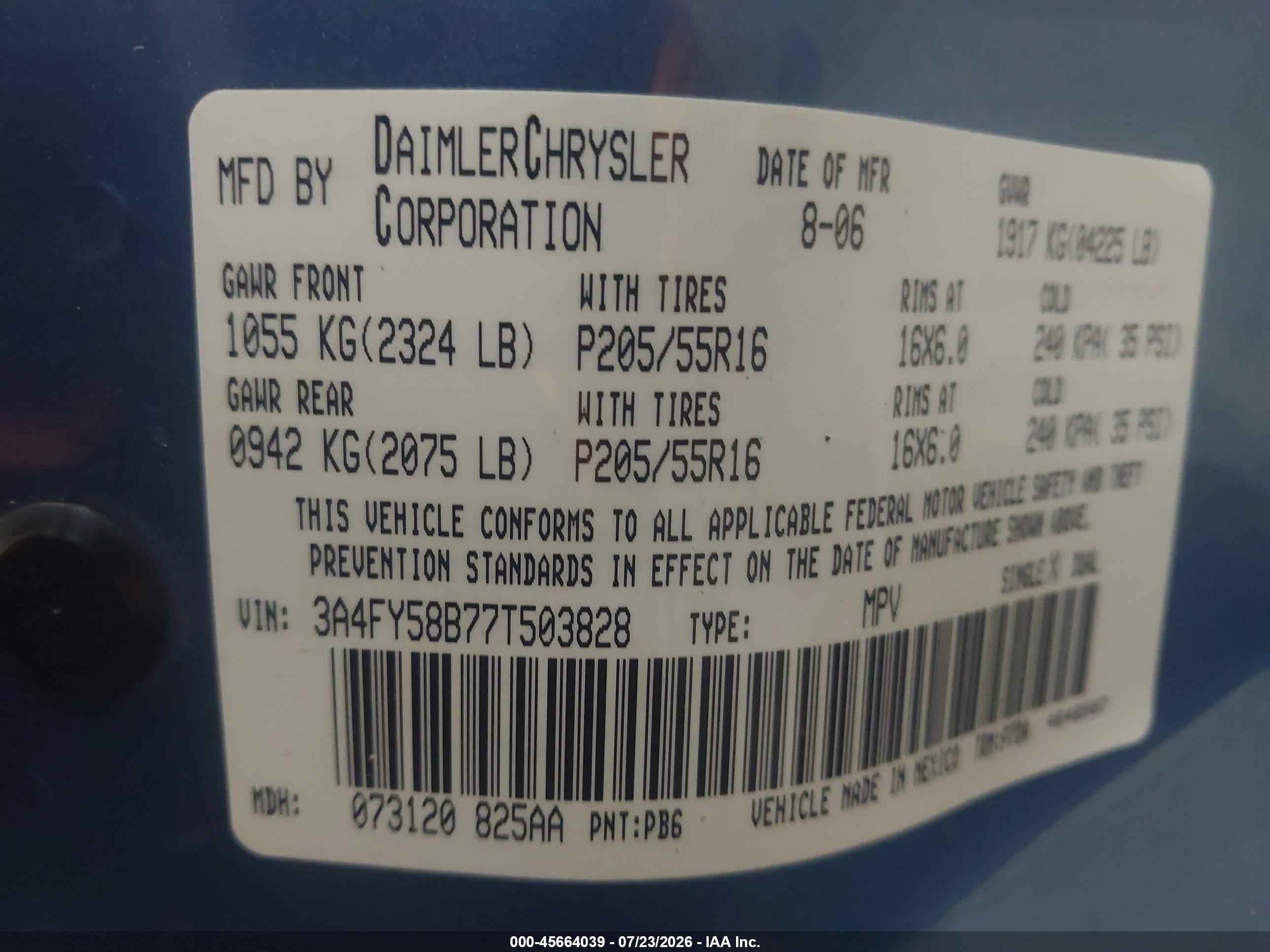2007 Chrysler Pt Cruiser Touring Light Blue vin: 3A4FY58B77T503828