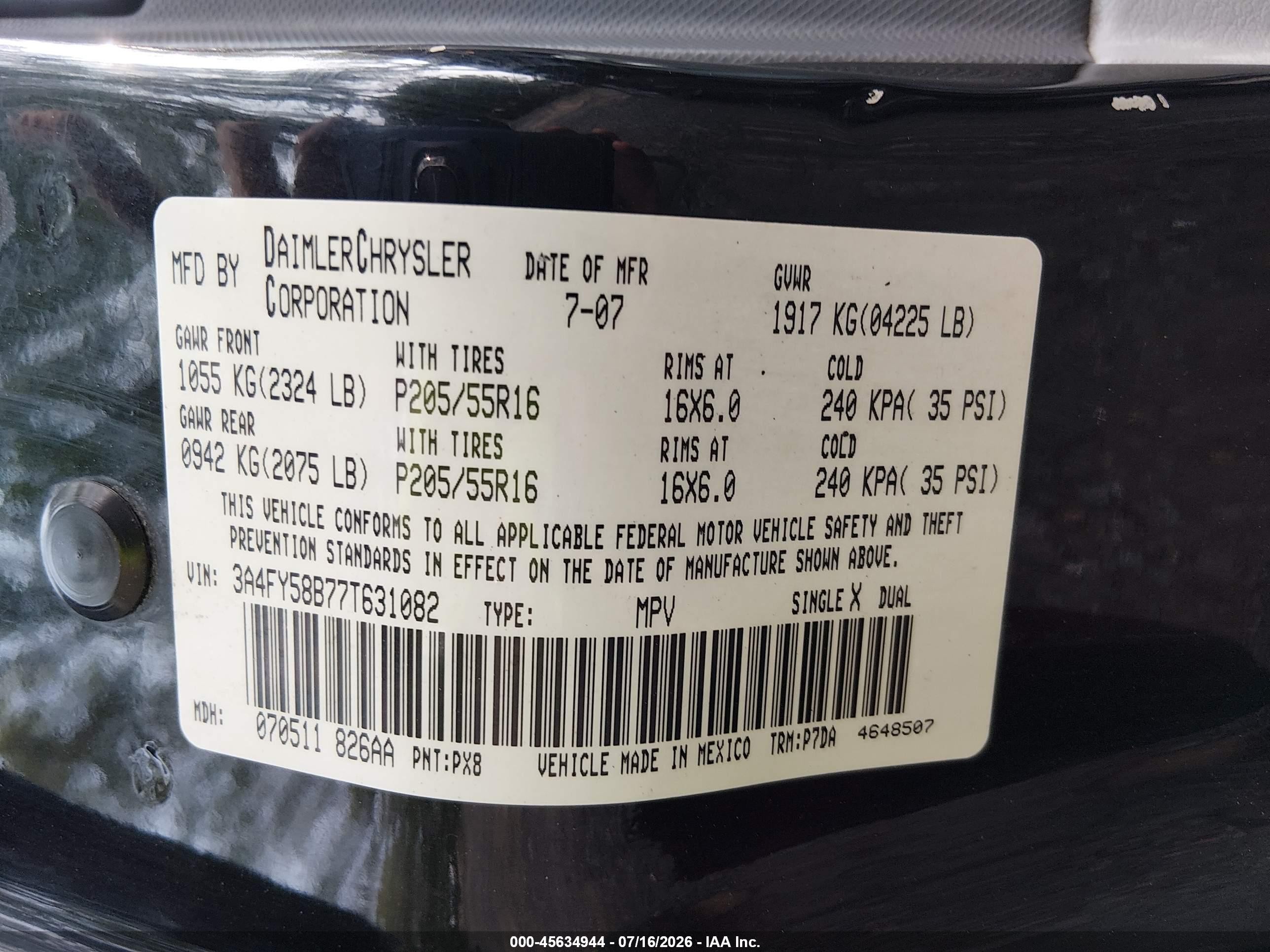 2007 Chrysler Pt Cruiser Touring Black vin: 3A4FY58B77T631082