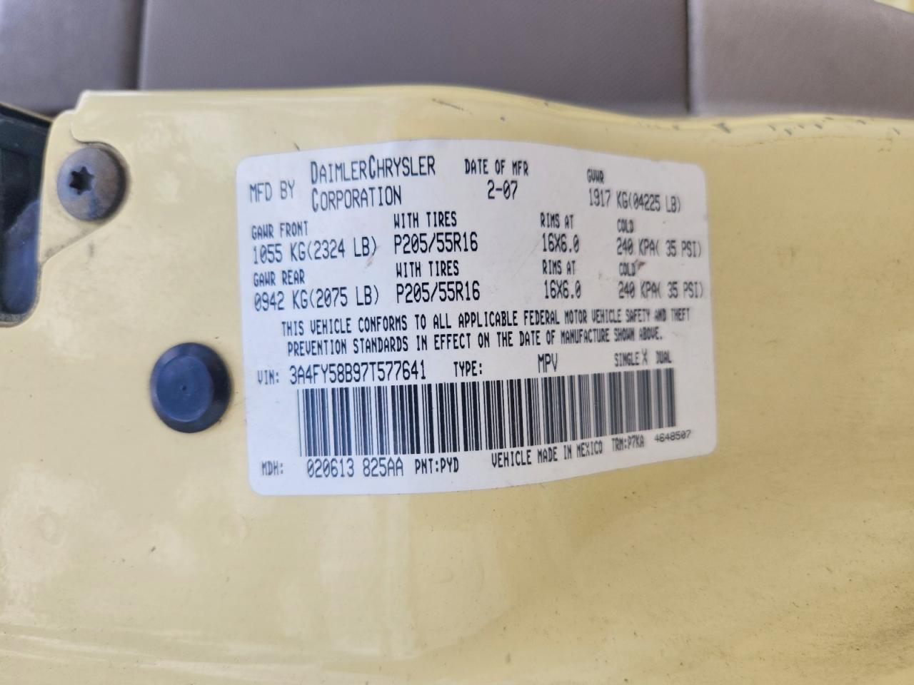 2007 Chrysler Pt Cruiser Touring Yellow vin: 3A4FY58B97T577641