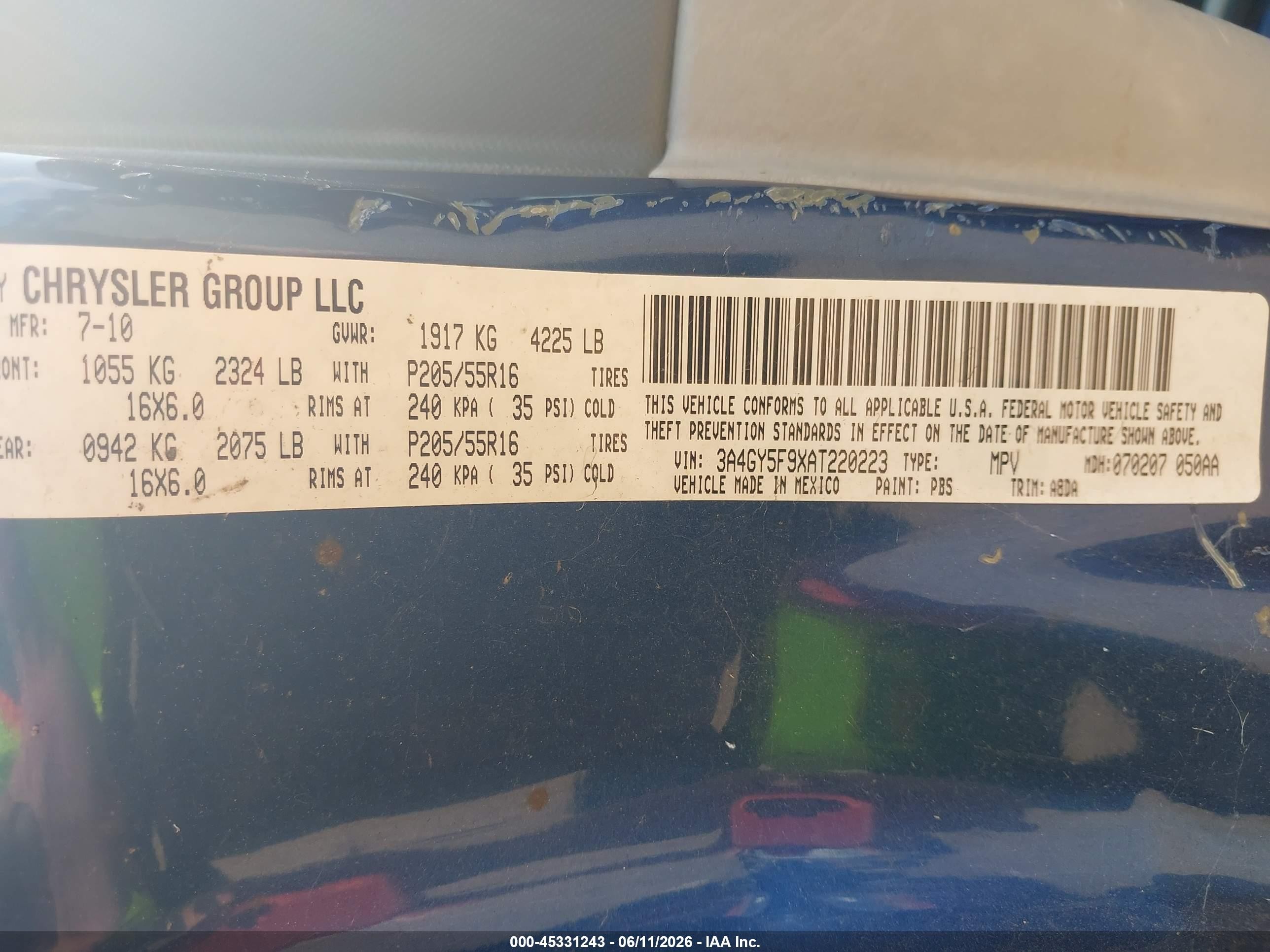 2010 Chrysler Pt Cruiser Classic Blue vin: 3A4GY5F9XAT220223
