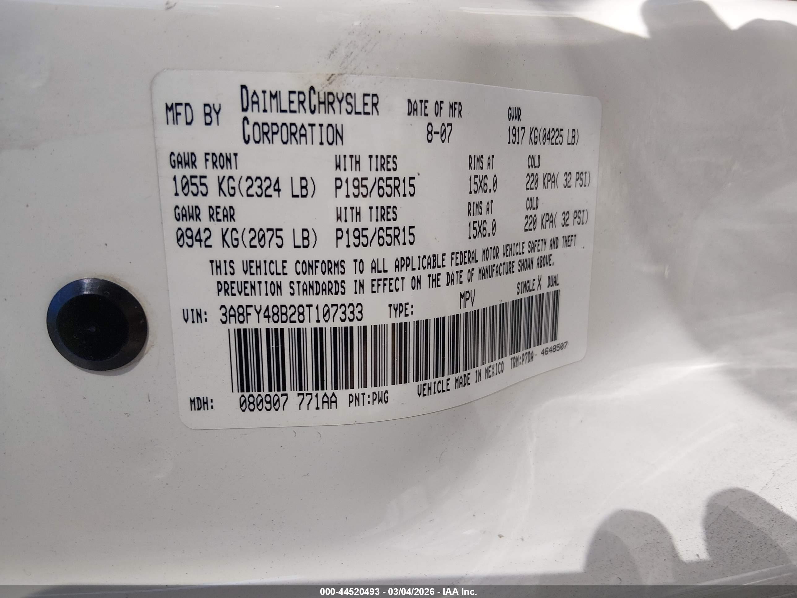 2008 Chrysler Pt Cruiser   White vin: 3A8FY48B28T107333
