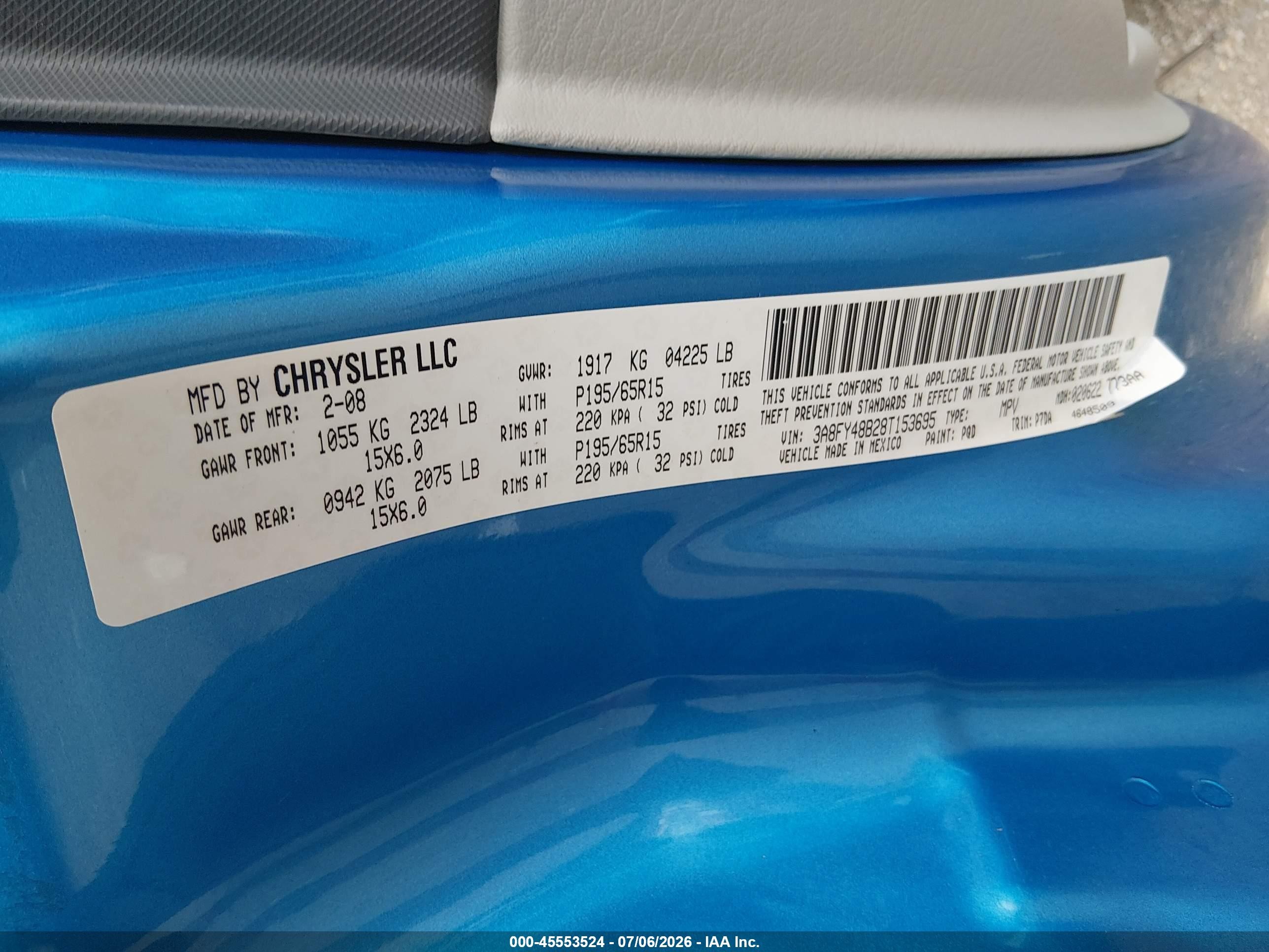 2008 Chrysler Pt Cruiser Lx Blue vin: 3A8FY48B28T153695
