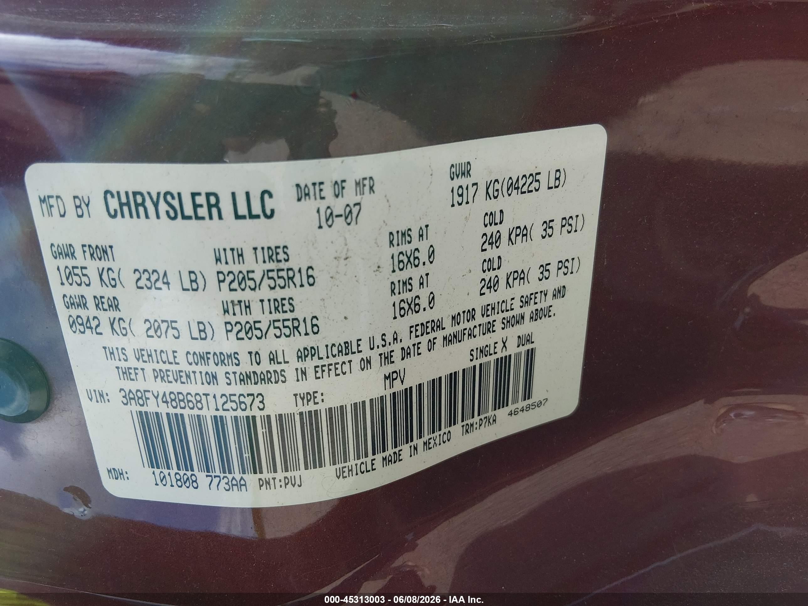 2008 Chrysler Pt Cruiser Lx Burgundy vin: 3A8FY48B68T125673