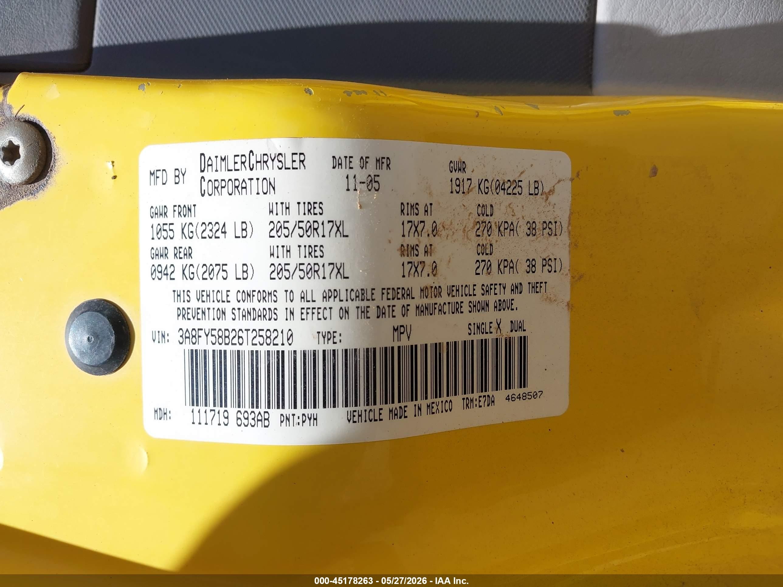 2006 Chrysler Pt Cruiser Touring Yellow vin: 3A8FY58B26T258210