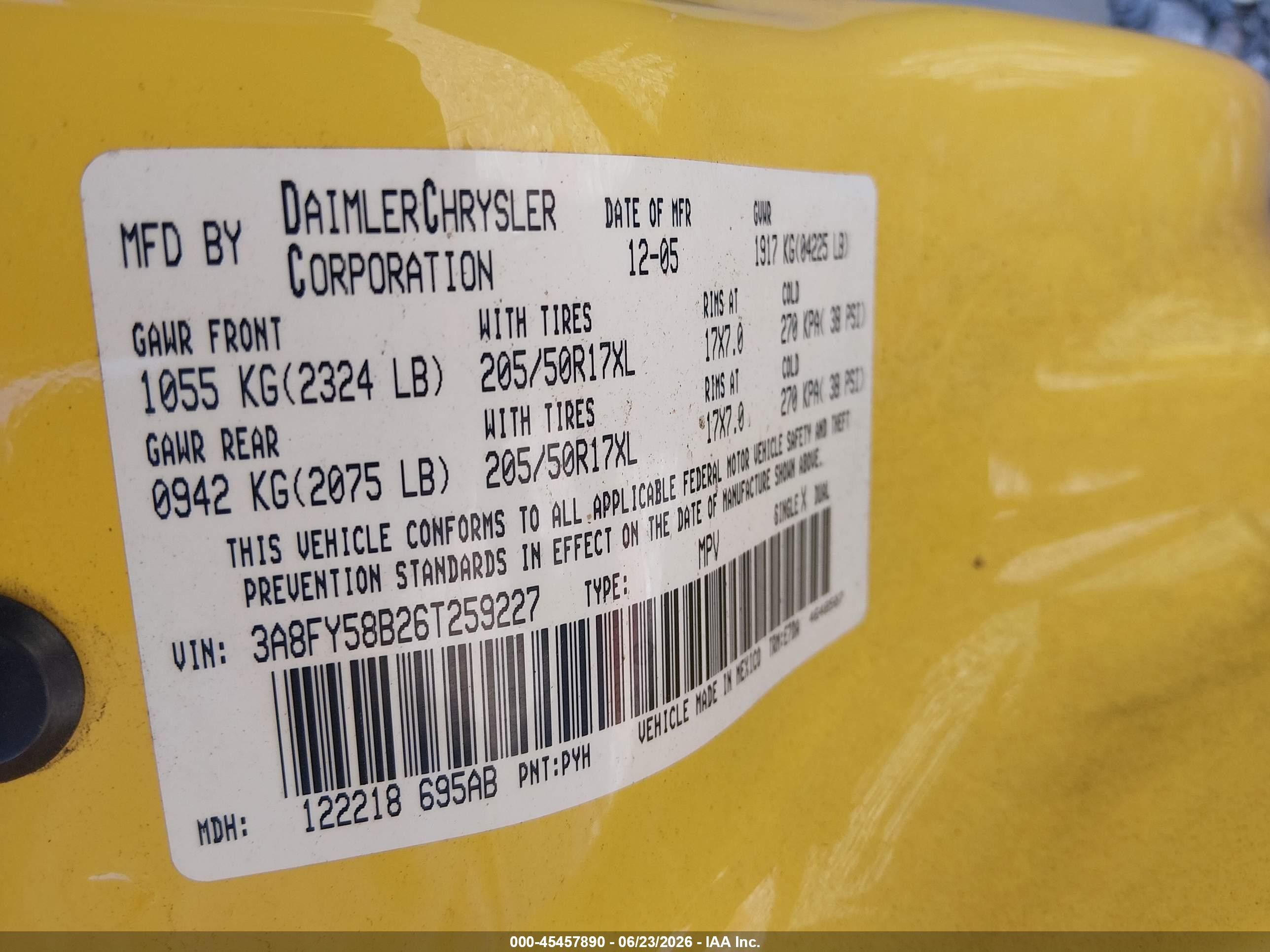 2006 Chrysler Pt Cruiser Touring Yellow vin: 3A8FY58B26T259227