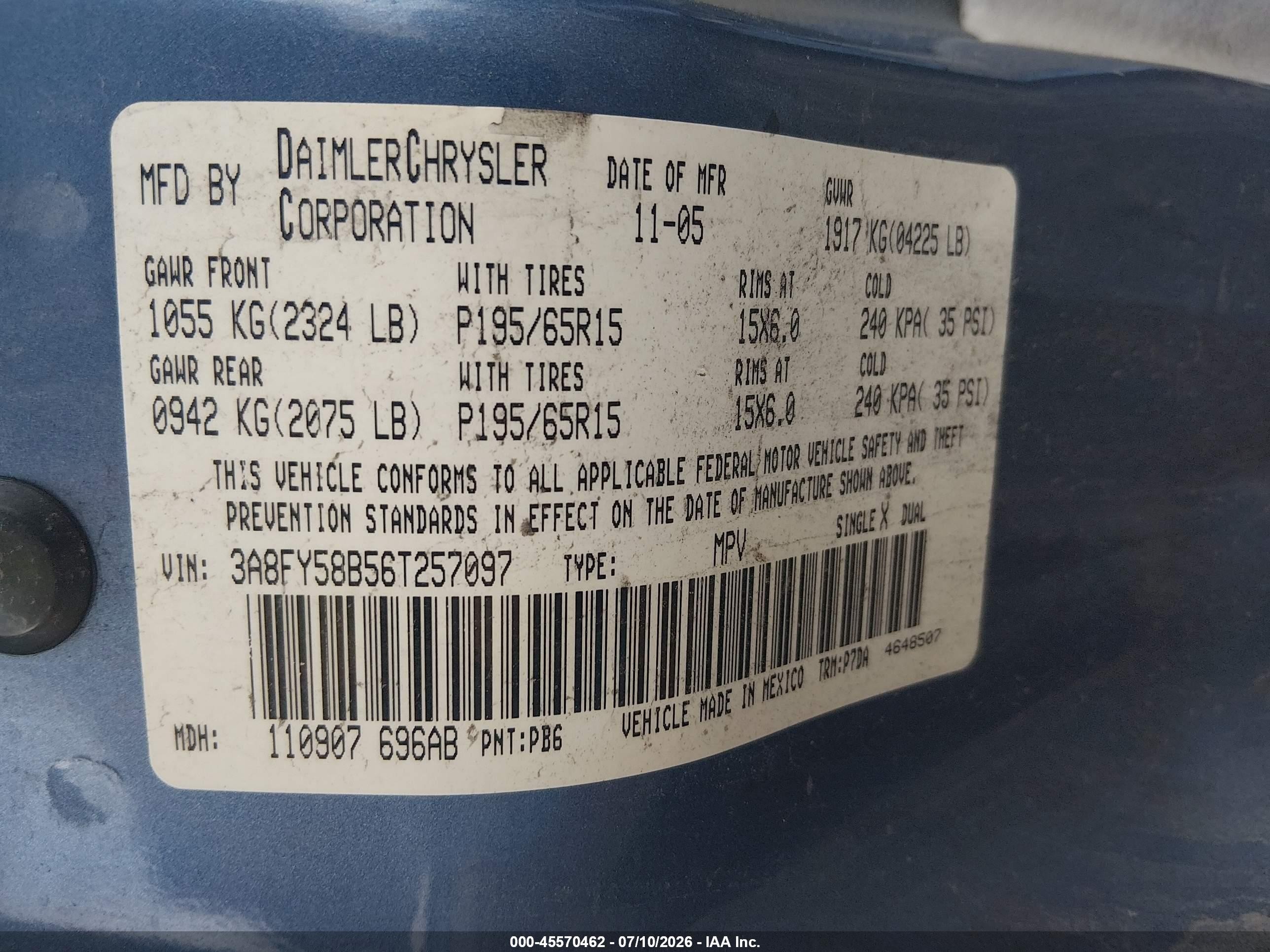 2006 Chrysler Pt Cruiser Touring Blue vin: 3A8FY58B56T257097