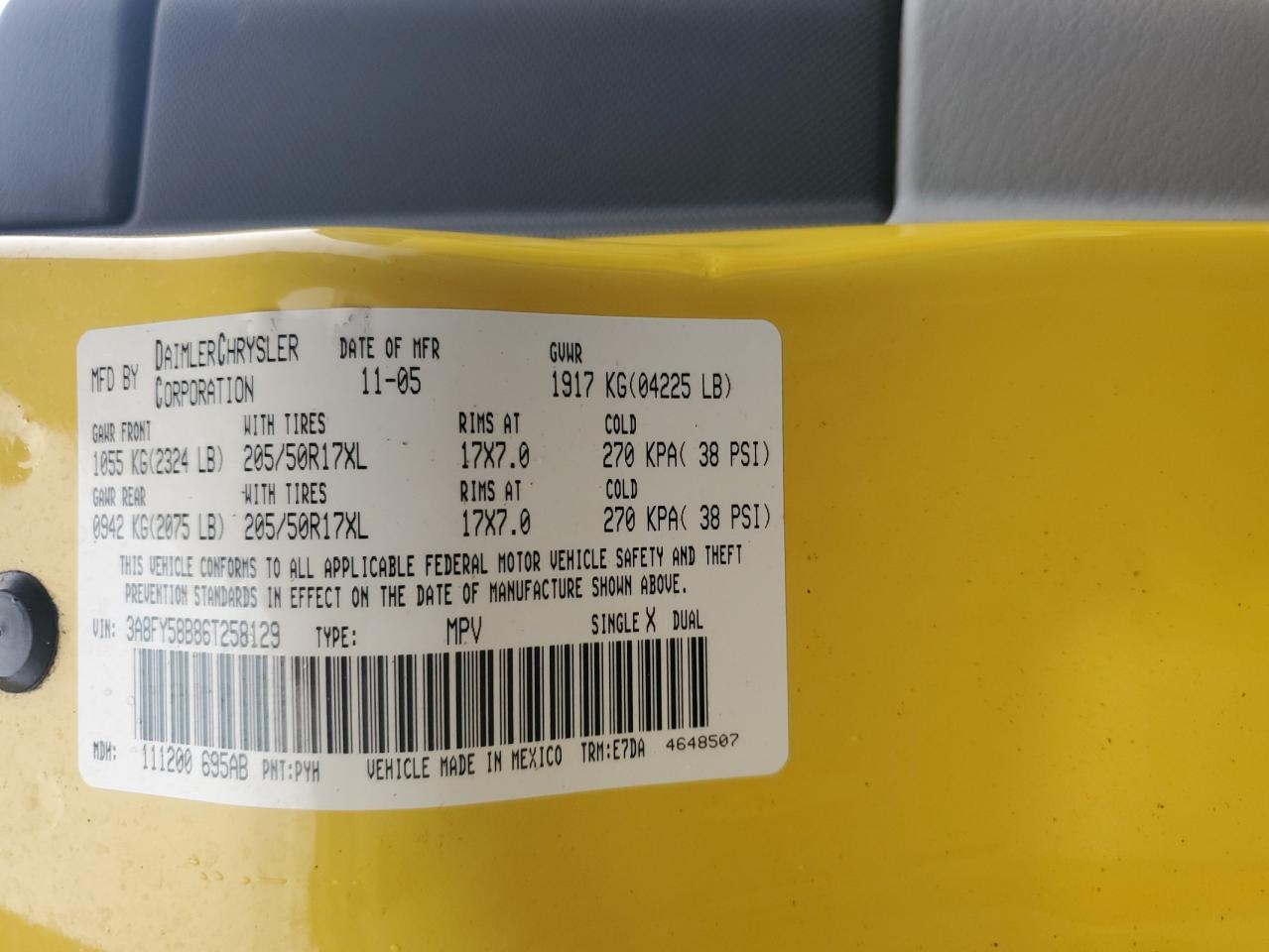 2006 Chrysler Pt Cruiser Touring Yellow vin: 3A8FY58B86T258129