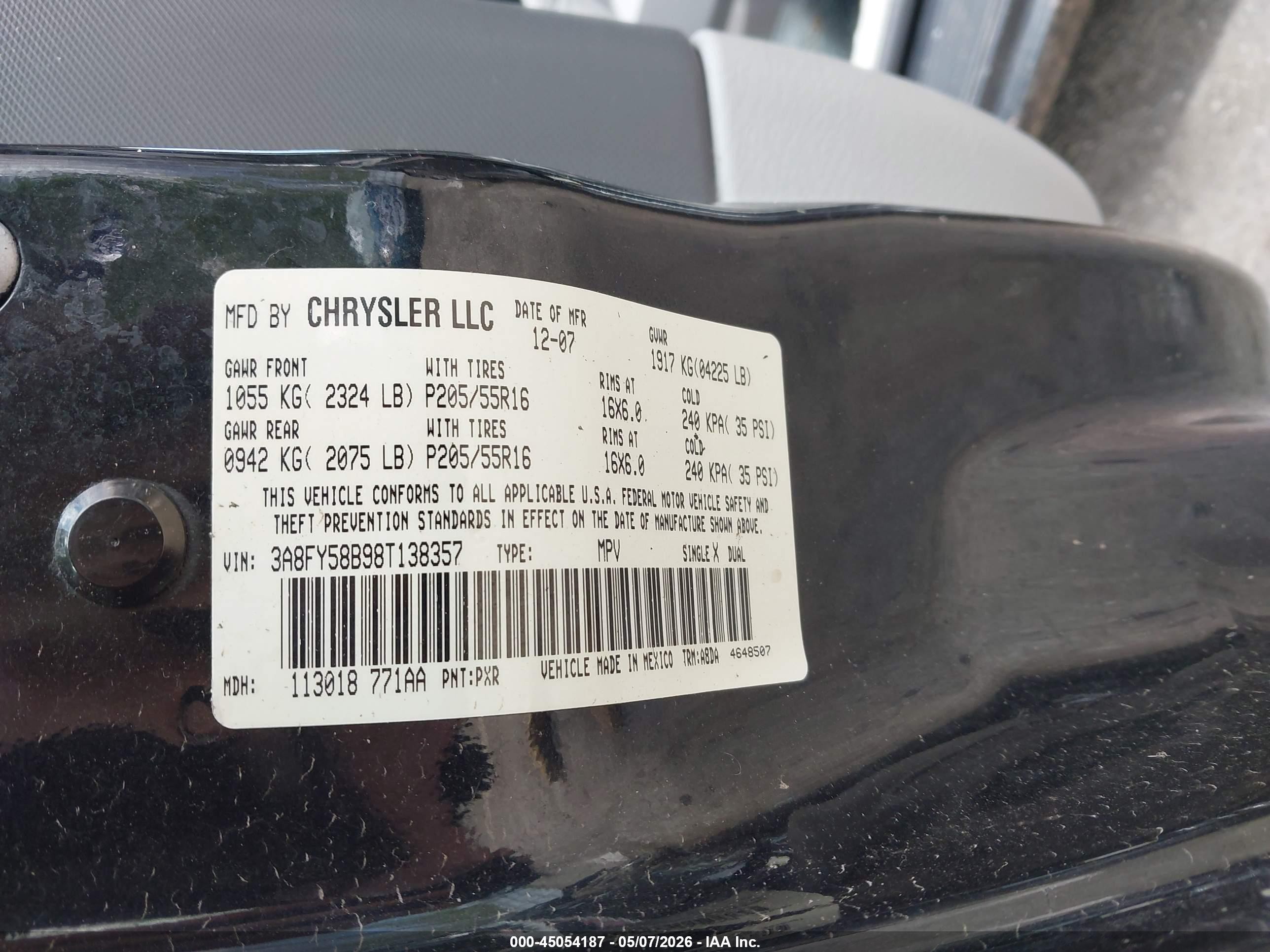2008 Chrysler Pt Cruiser Touring Black vin: 3A8FY58B98T138357